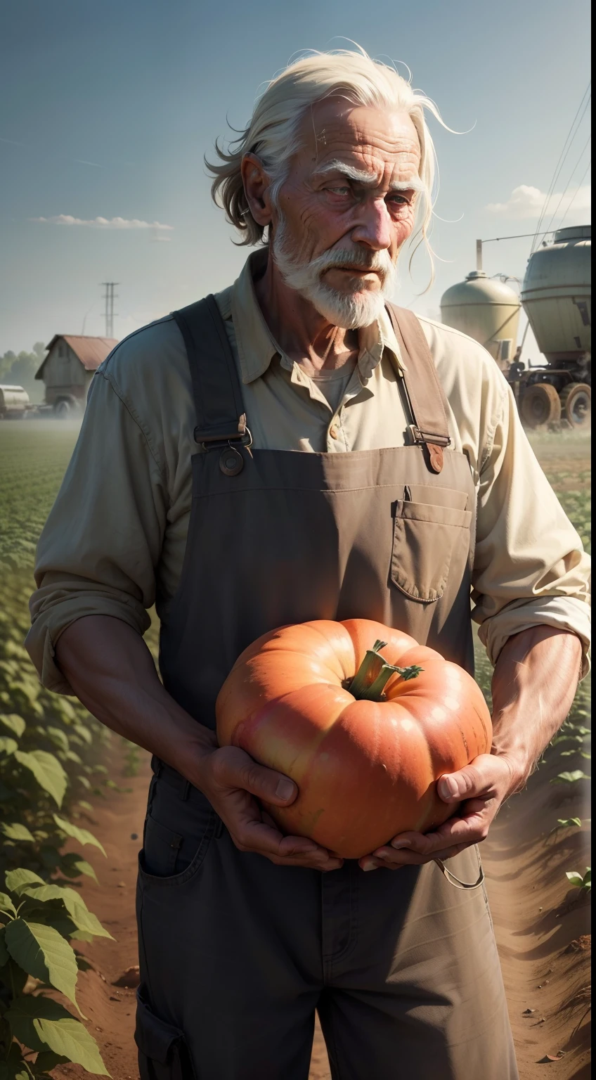 An old farmer in a dystopian future, struggling to produce food on a crop controlled by large corporations, having to face chemical pesticides and the lack of natural resources, while dreaming of simpler and more sustainable times.