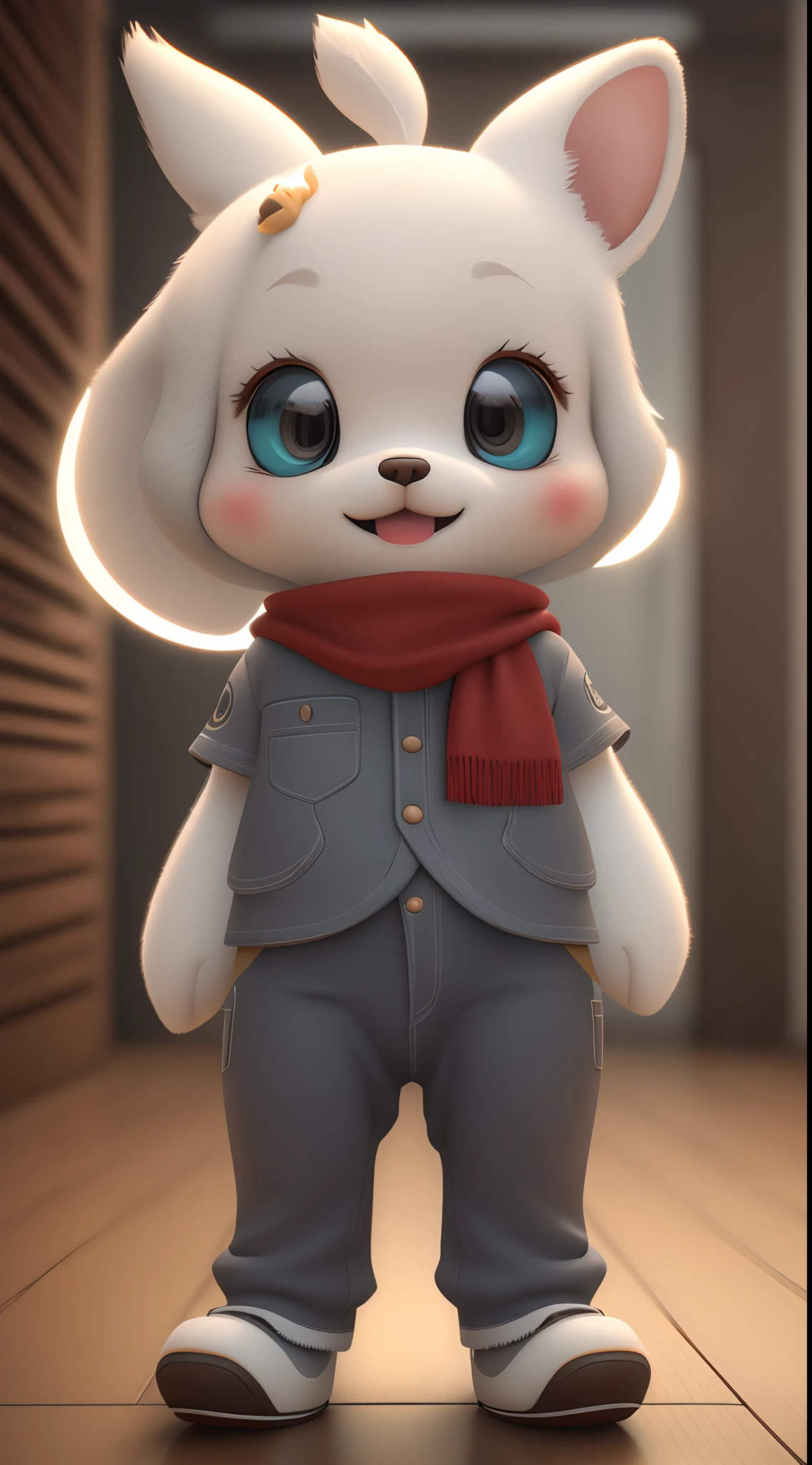 Vista frontal, 3D, em uma temporada de primaverz, a cute little anthropomorphic white firefly puppy, wearing deoletom pants, chinelos macios, corpo inteiro, standingn, olhos grandes brilhantes, rosto sorridente doce, detalhes peludos complexos, soft film lighting, 8k, retrato, Pokmon animation style, octane rendering,  render on Unreal Engine, alta qualidade