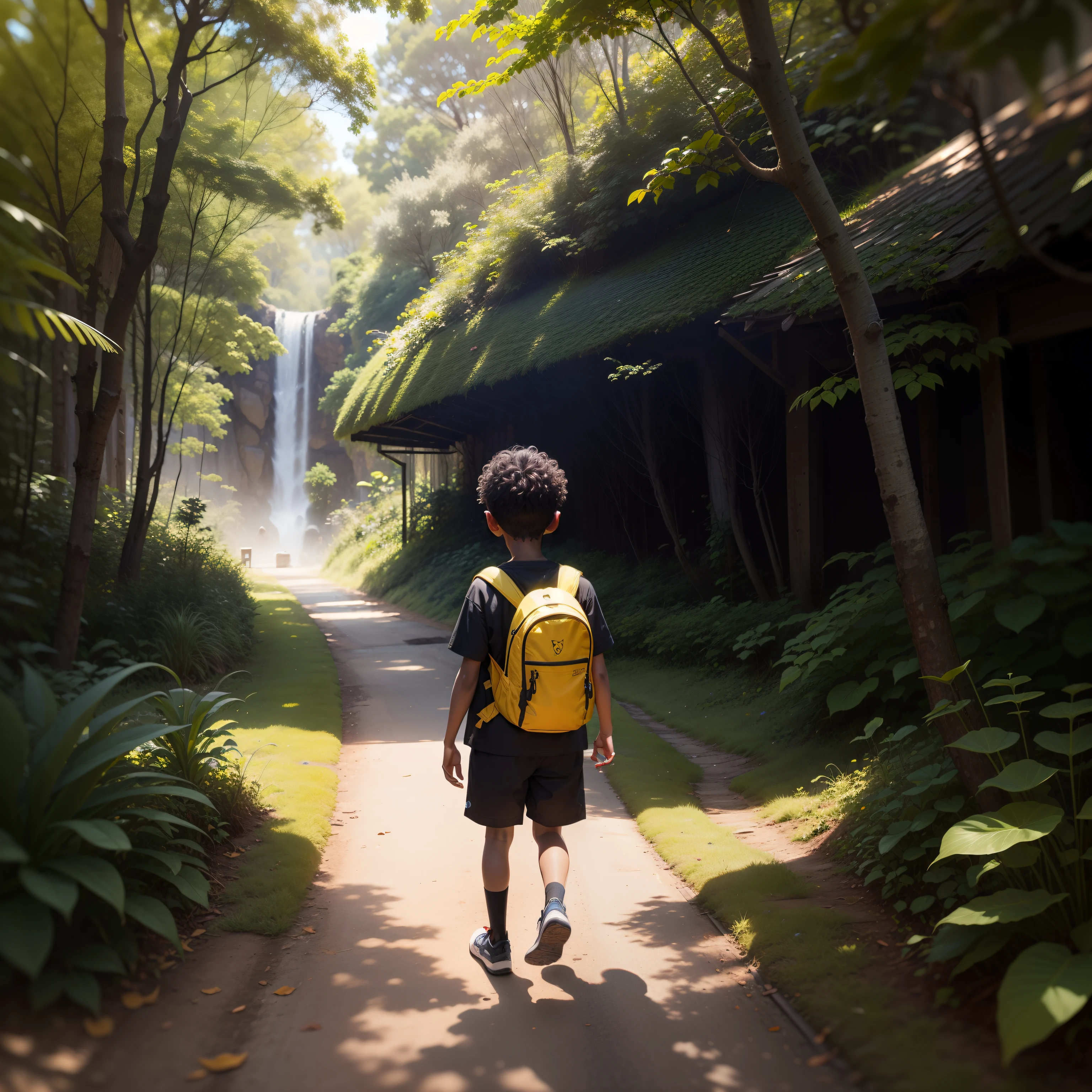 Um desenho infantil de um preto feliz e bonito, usando uma mochila amarela em uma bela e colorida floresta acabou de encontrar pegadas de um animal
