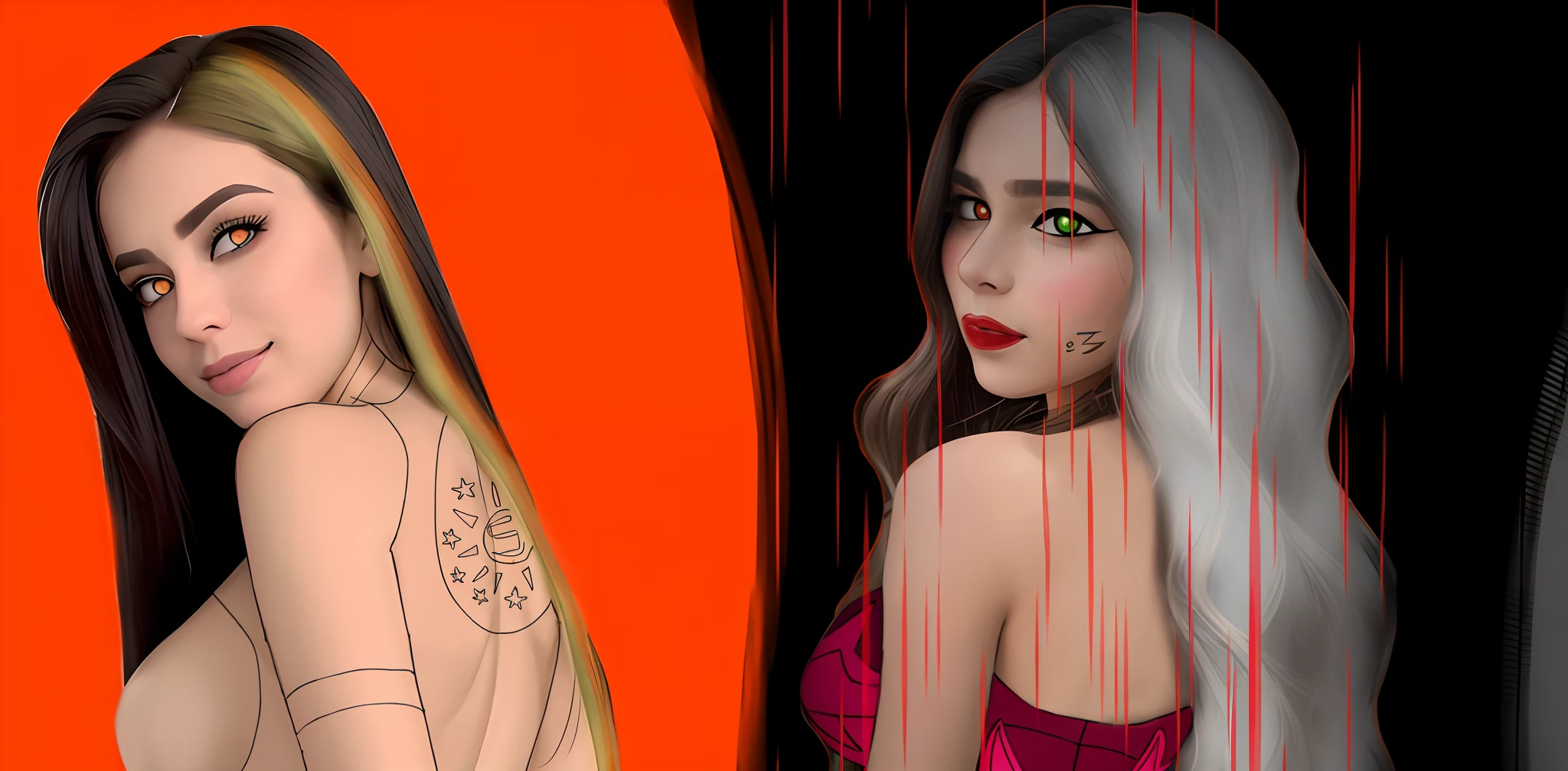 Three different photos of a woman with long hair and a tattoo, [ Arte digital 4K ]!!, realismo artstyle, arte digital. @mariomaniacdude, estilo de arte realista, [ arte digital ]!!, arte digital. art-station, arte digital!!, red and cinematic lighting, 8k arte detalhada de alta qualidade, deviantart Art station cgscosiety