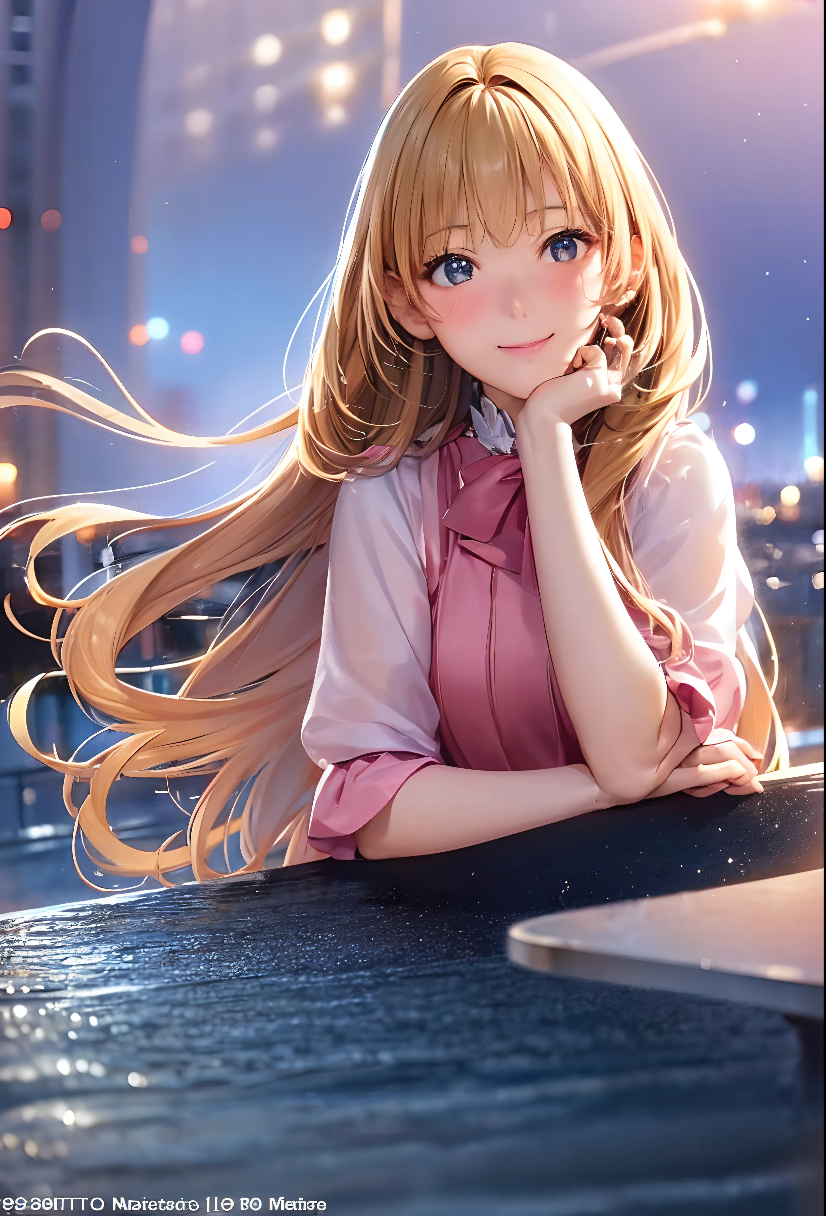 (8K, Best Quality, masutepiece:1.2), (Realistic, Photorealsitic:1.37), Ultra-detailed, 1 girl,Cute, Solo,Midnight,Beautiful detailed sky,Detailed Cafe,Sitting,Dating,(nose blush),(Smile:1.15),(Closed mouth) Small breasts,Beautiful detailed eyes,Floating Hair NovaFrogStyle,Pink dress