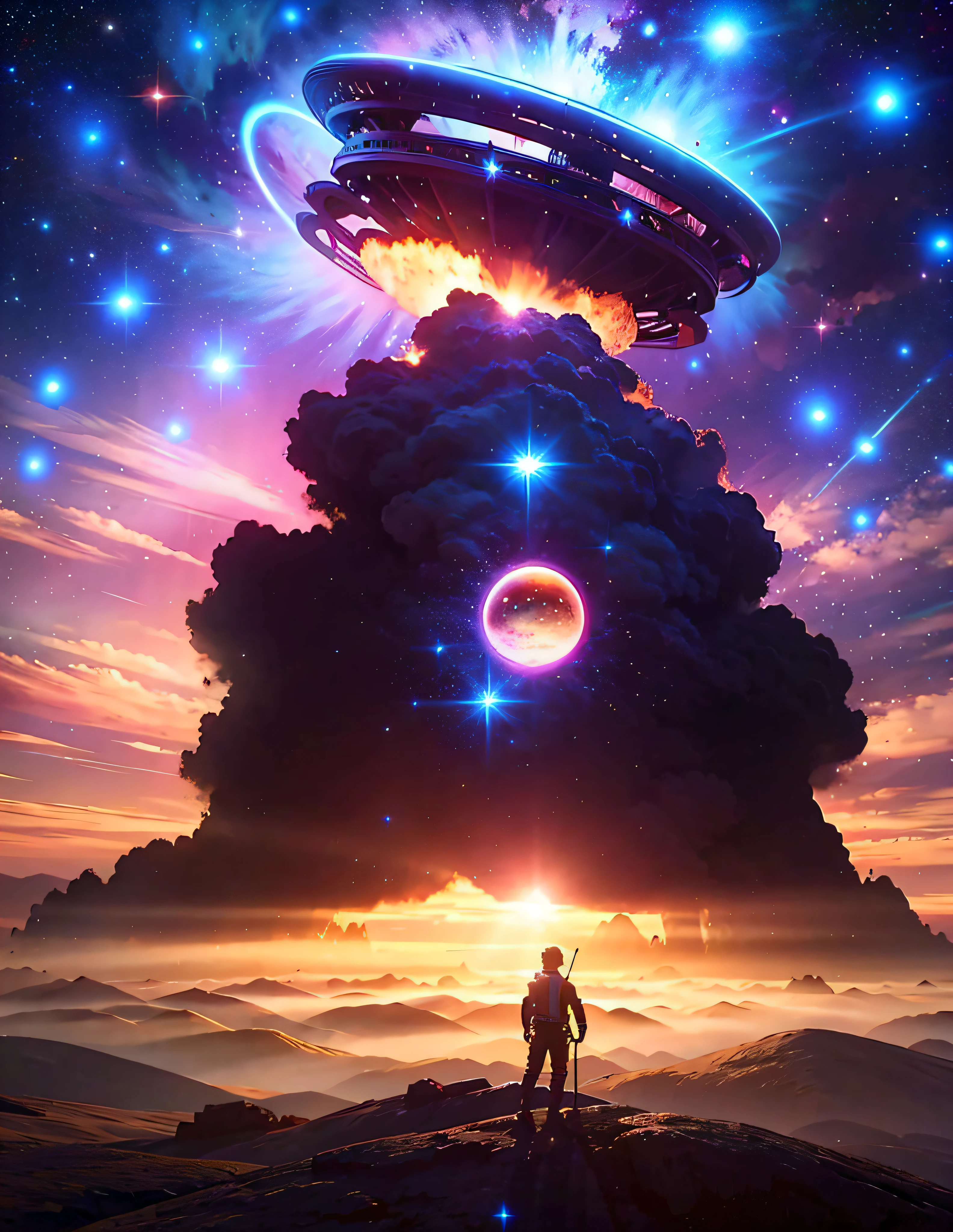 wide-angle lens view, spaceship, Star Trek style, intricate technological details, pink planet with clouds left in the background, outer space in the background, asteroid floating in space right in the background, starry sky, wide view, sharp focus, dramatic lighting, by Gene Roddenberry, sci-fi style, nasa, award-winning, best quality, ultrahd 8k 4k wallpaper, concept art, Trend at Artstation