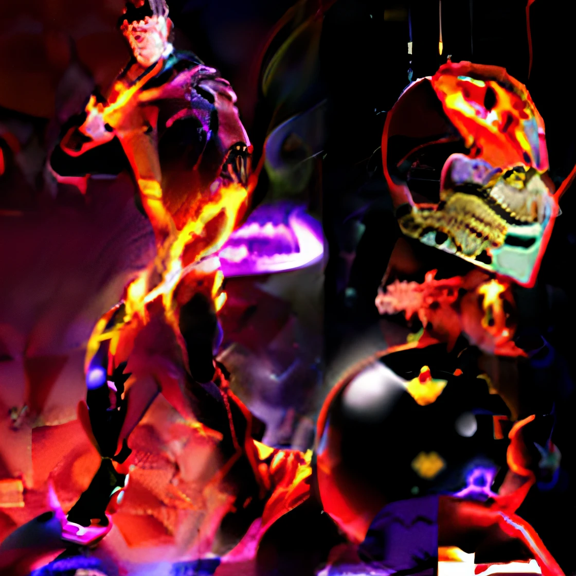 Tom Holland as a latex ginger boy with black and purple flame powers and a red devil tail.