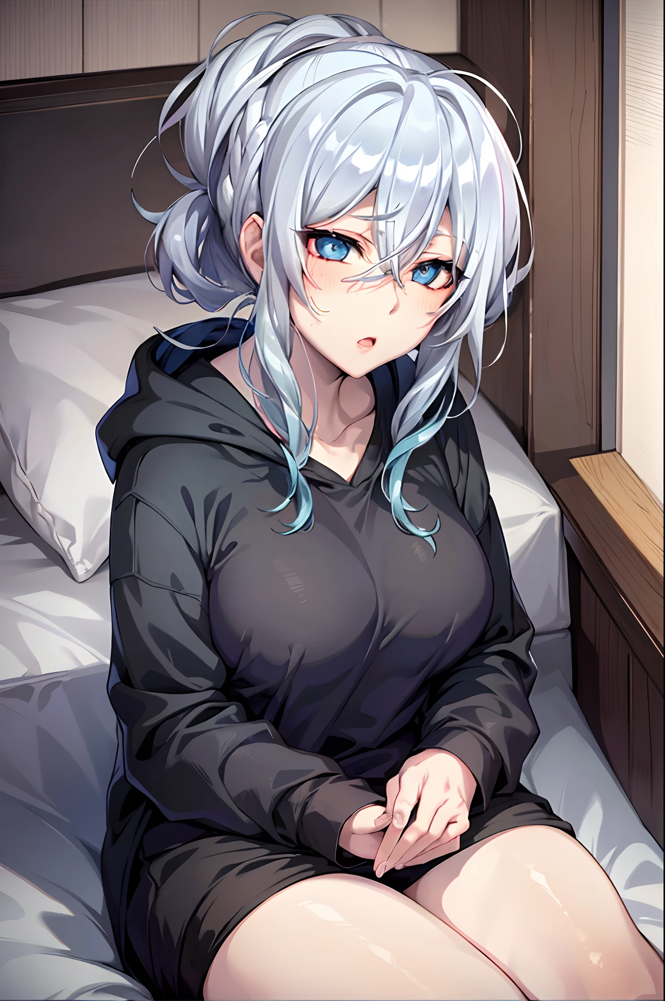 Yukino, one the bed, Silver hair and eyes in a black hoodie, anime visual of a cute girl, screenshot from the anime film, & her expression is solemn, ahegao face, in the anime film, in an anime, anime visual of a young woman, she has a cute expressive face, still from anime, perfect breast