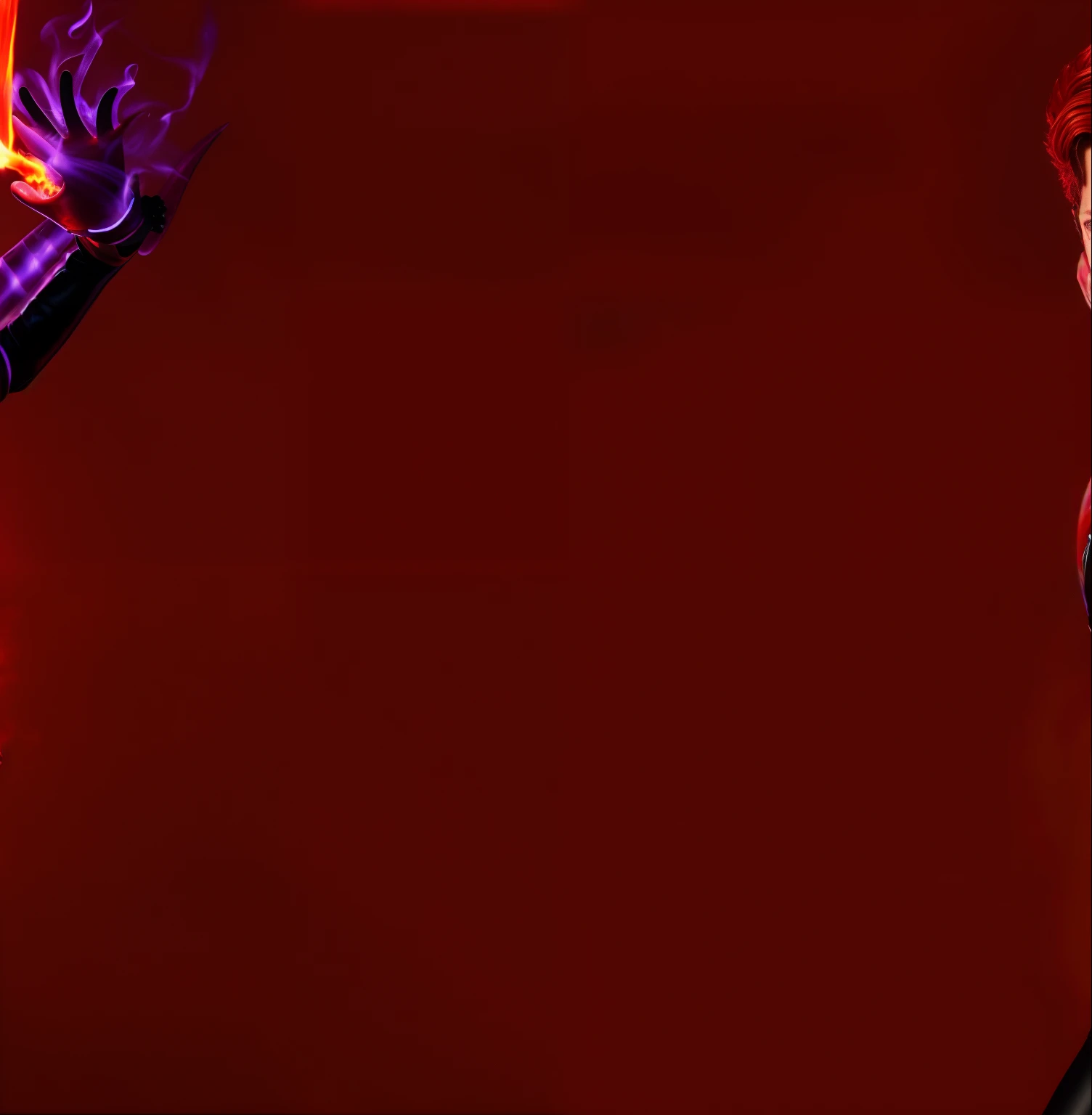 Tom Holland as a latex ginger boy with black and purple flame powers and a red devil tail.