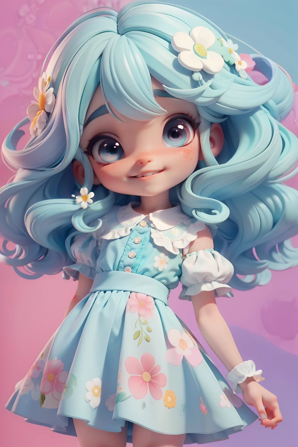 Loli menina, roupa floral em aquarela , menina meiga, olhos delicados, cabelo colorido, sorriso delicado, fundo simples e branco