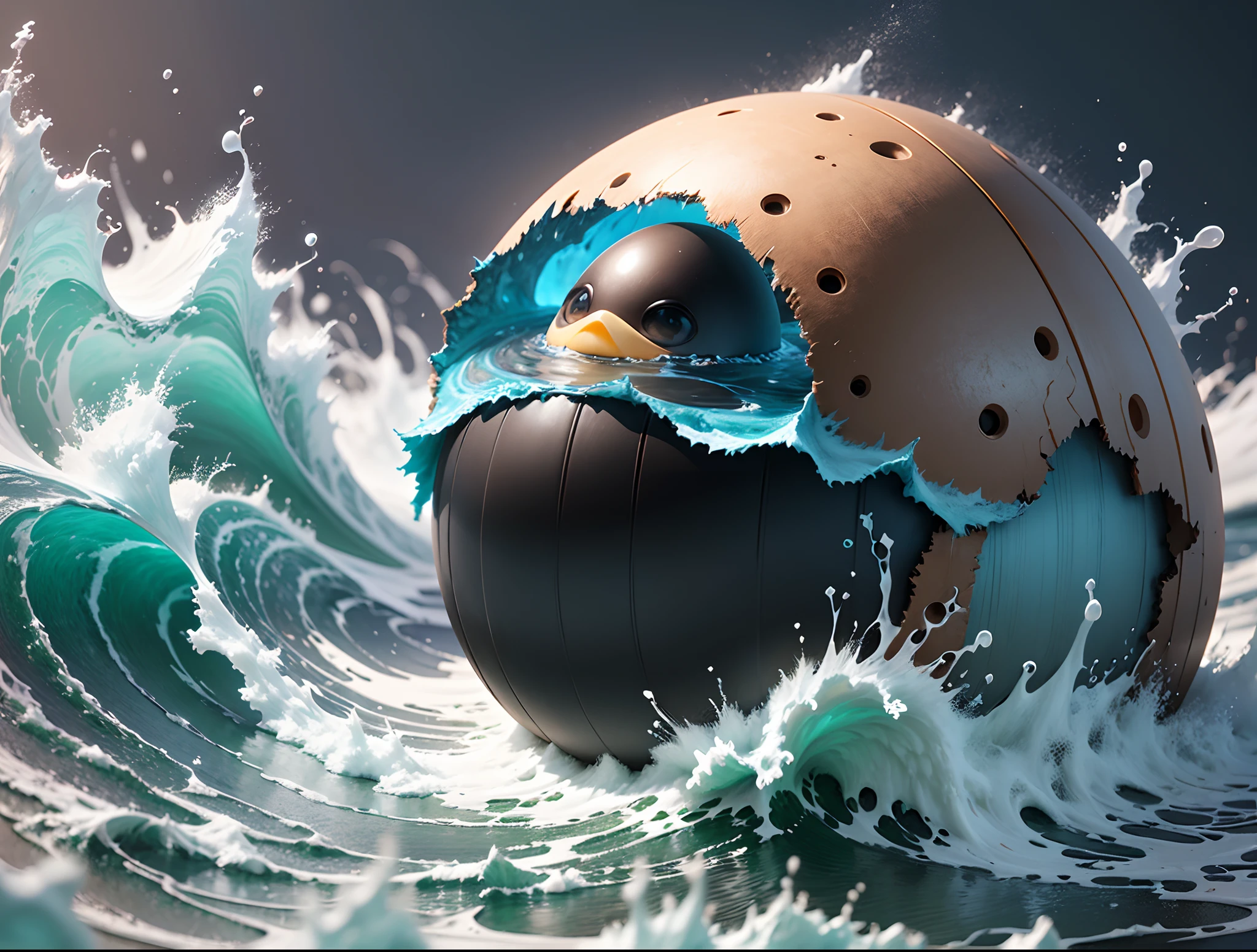 as a t-shirt logo in the style of art,A black egg sits on the wave in the ocean, Vray Caustics, 3d digital art 4k, Simulation of black liquid --auto --s2