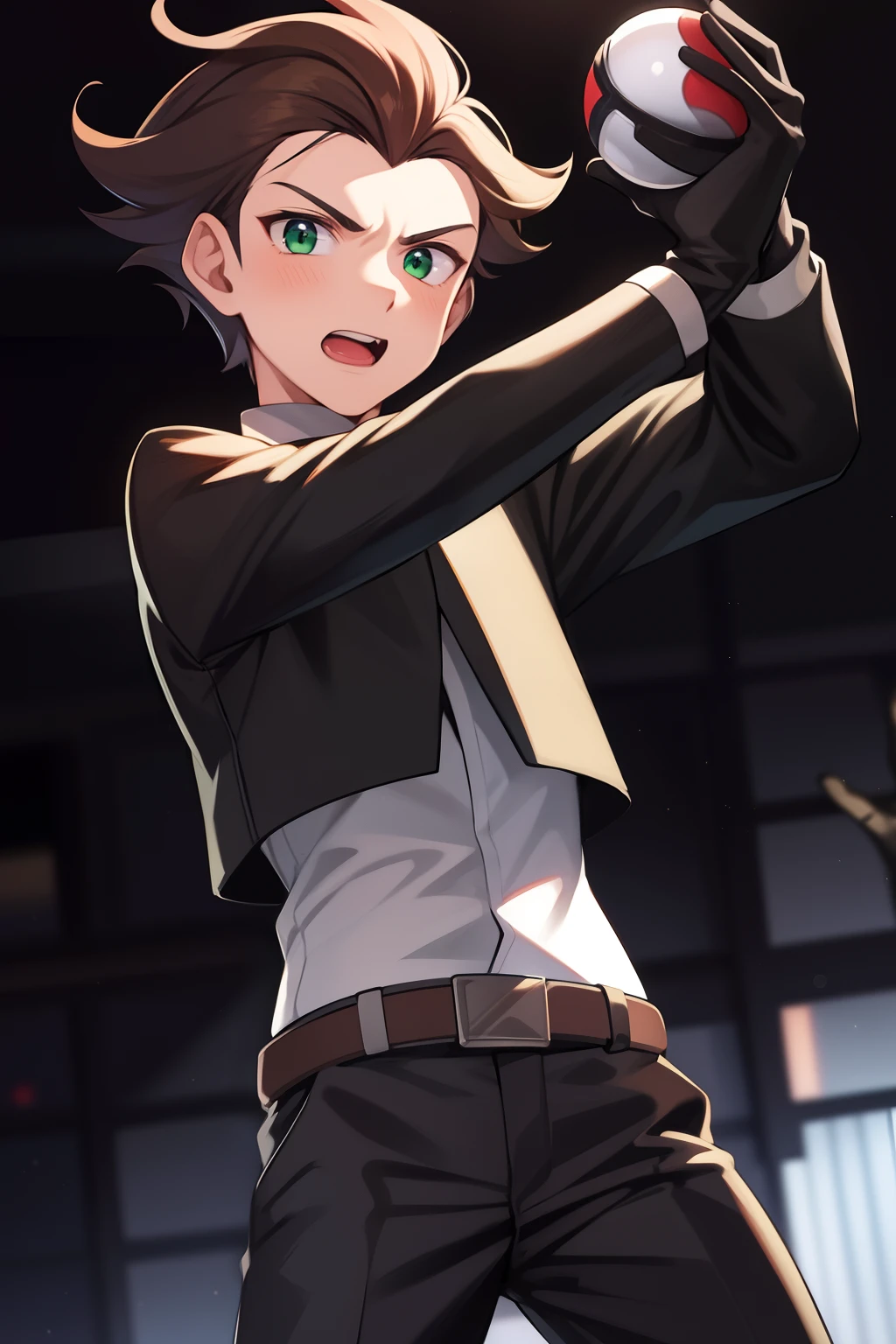 nffsw, 1boy, Man's, James, Brown hair, Green eyes, gloves, Pants, Dynamic Pose, Have a Poké Ball, Solo,