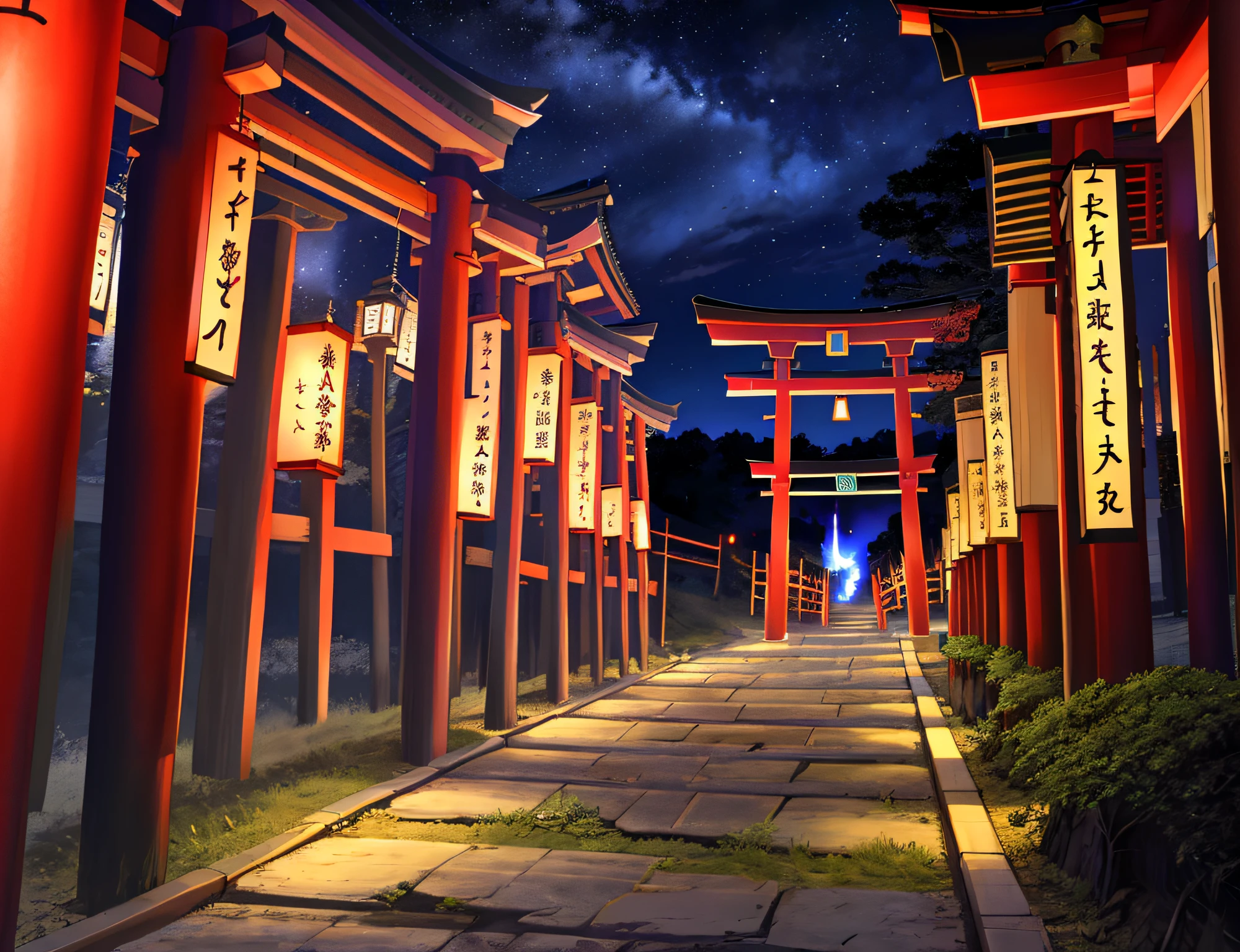 Night shrine、torii gate、countryside village、Blue-dark atmosphere