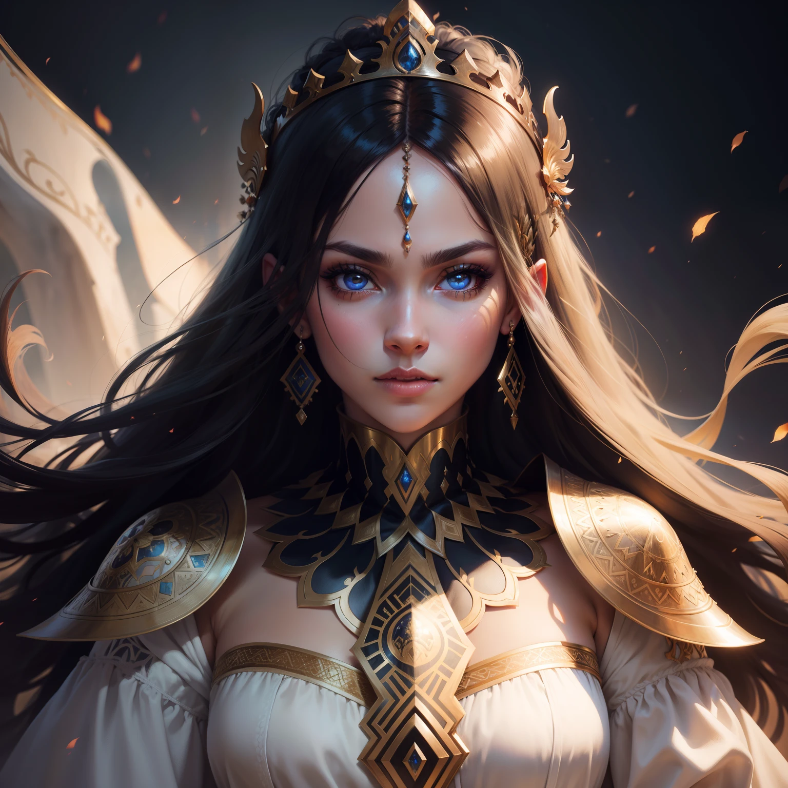 Princess caftan complete warrior portrait zoom on face eyes sexy glowing arab 3 points dynamic perspective pose hyper realistic Super detailed Master piece high quality