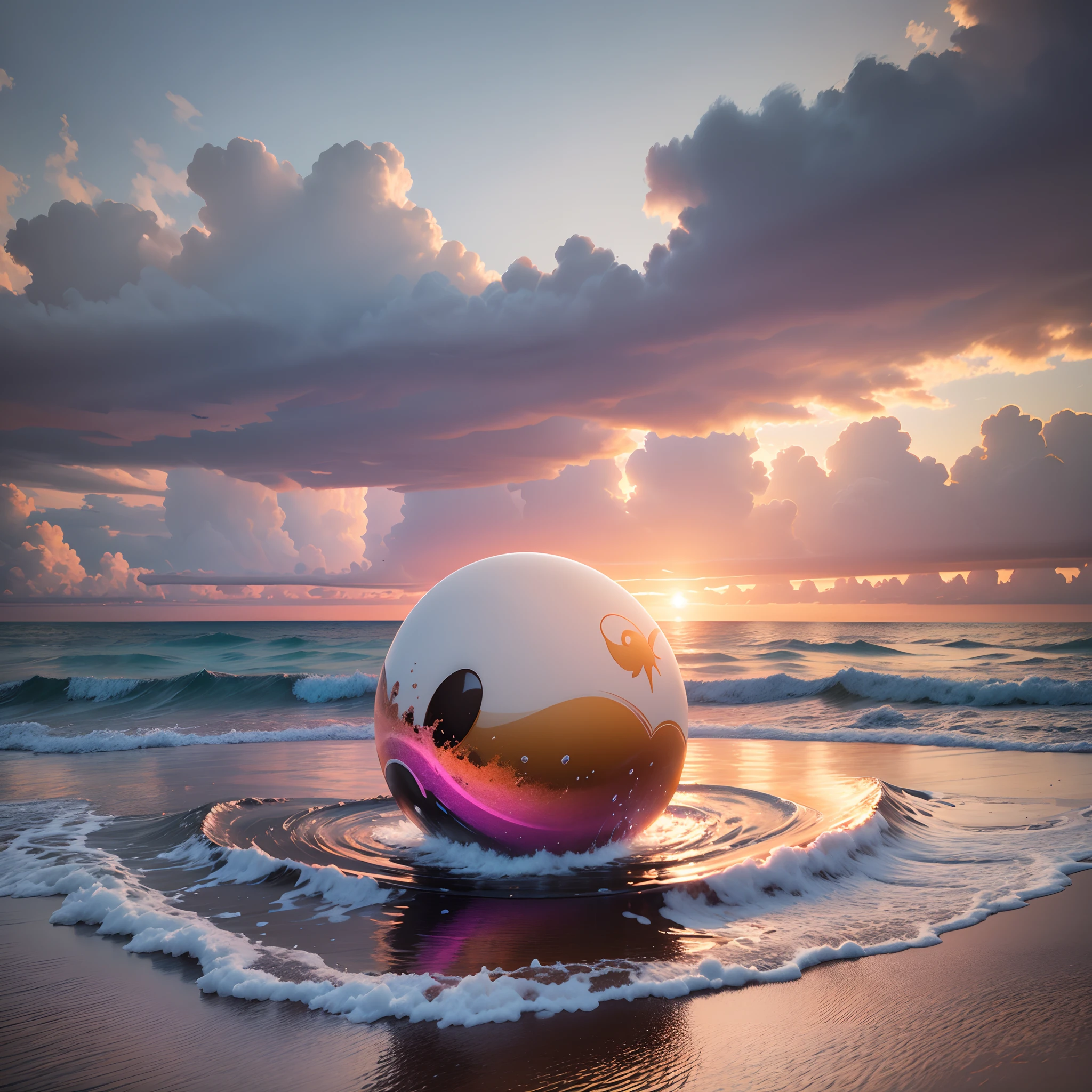 A black egg sits on the wave in the ocean, Vray Caustics, 3d digital art 4k, Simulation of black liquid, HD обои, Красивая композиция 3 - D 4 K, Reflection on oil, DMT Snapshots. Octane Render, 3 d fluid simulation render, smooth 3d cg render, Обои HD, Octane Render ] " ,An absolutely mesmerizing sunset over the beach with a mixture of orange, pink and yellow tones, filling the sky. The crystal clear waters of the sea gently kiss the shore, And the white sandy beach stretches far and wide. The scene is dynamic and exciting, with seagulls soaring high in the sky and palm trees gently swaying. Immerse yourself in the soothing atmosphere and let peace envelop you. --auto --s2