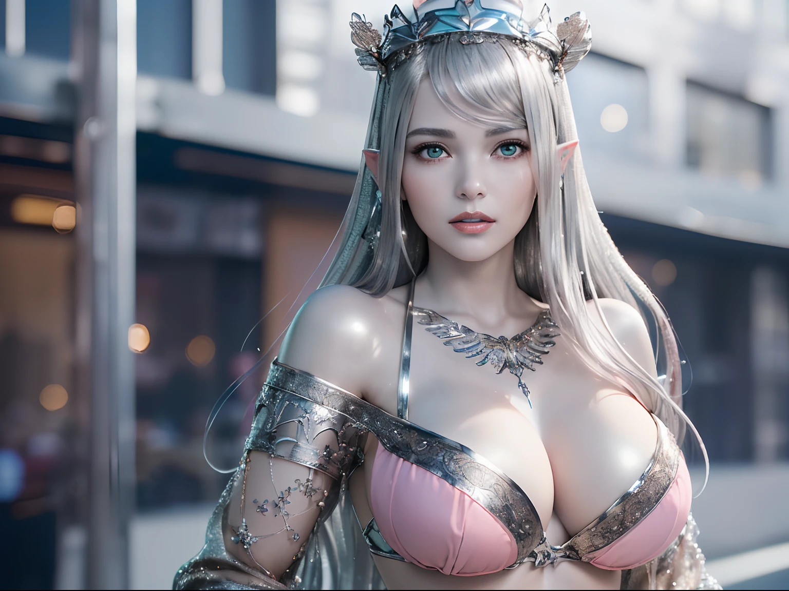 Ultra-detailed complex 3D rendering of the face, (masterpiece, top quality, octane rendering,), glamour shots full body image, very beautiful young elves, cleavage, (highly detailed skin: 1.2), (exposure: 1.1), ((blue micro bikini: 1.95)))). , 8k, (((very soft breasts)), (((conspicuous large pink areola)), beautiful Caucasian woman with white skin with full soft breasts with big buttocks, one, long braided hair, big breasts, dynamic angles, (((huge breasts: 2.4)), ultra-realistic photos, ((((((silver hair)))), futuristic urban background, facial muscles, (((((detailed and glamorous silver crown)))), In the style of Marvel Comics, ArtStation Trends, Clear Focus, Intricate Details, Very Detailed, Detailed Green Eyes, Sharp Focus, Digital Rendering, Professional, Abs, Lip Gloss, Glossy Skin, Sexy Pose, Golden Tattoo All Over Body, Silver Pattern All Over Body, Silver Lame Skin, Gold Glitter Skin, Mansuji, Buttocks, Jeweled All Over the Body, with silver scales, silver hair,