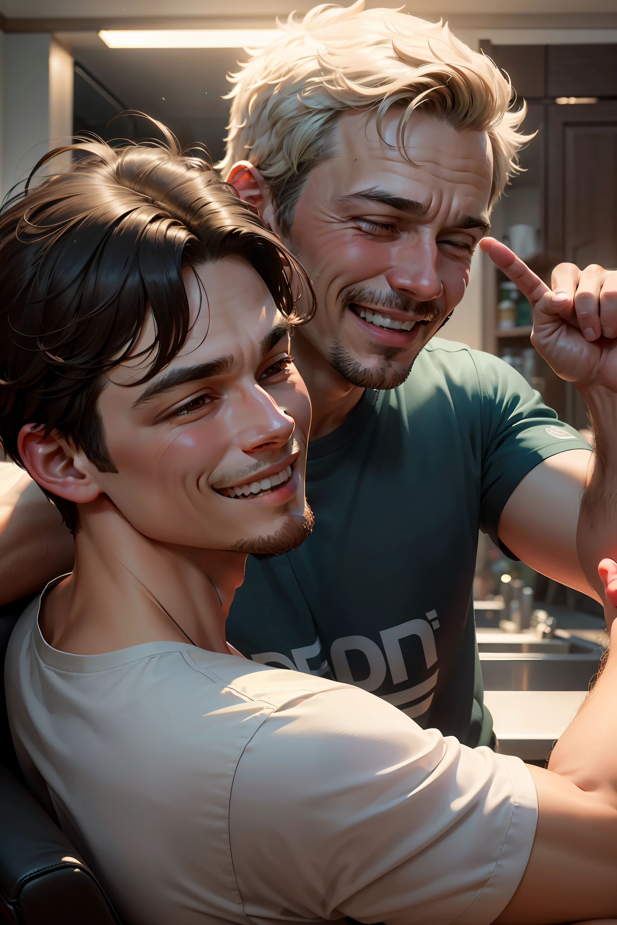 "Describe the scene depicted in the image in which a father and son are smiling happily while participating in an activity together. Detail the facial expressions of both, o ambiente ao redor, and the emotion conveyed by the interaction between them."