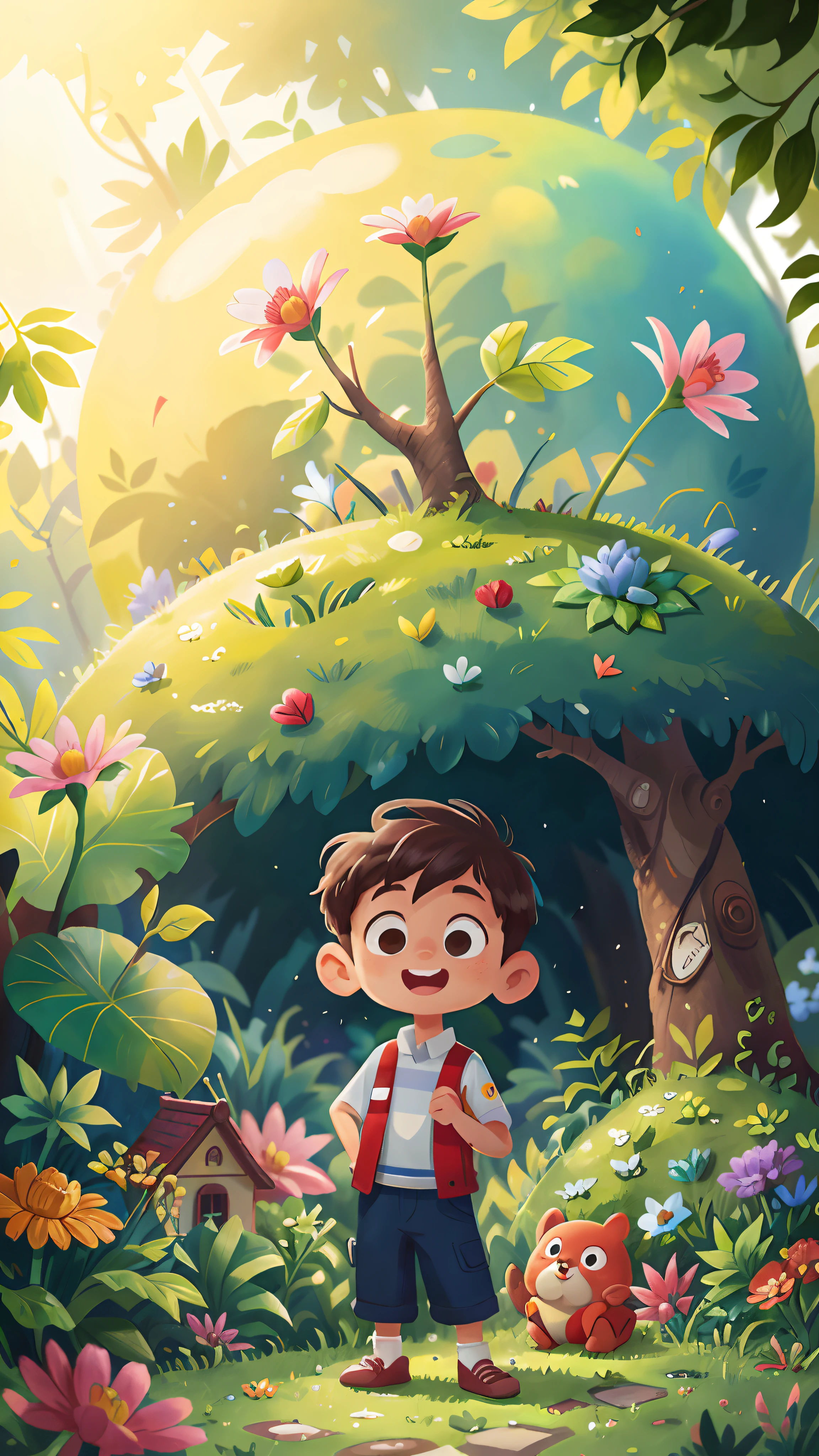 A 6-year-old boy standing in a garden, happy, happy, perfect quality, clear focus (mess - house: 0.8), (masterpiece: 1.2) (Realistic: 1.2) (Bokeh) (Best quality) (Detailed Skin: 1.3) (Intricate Details) (8K) (Eye Detail) (Sharp Focus), (Happy)