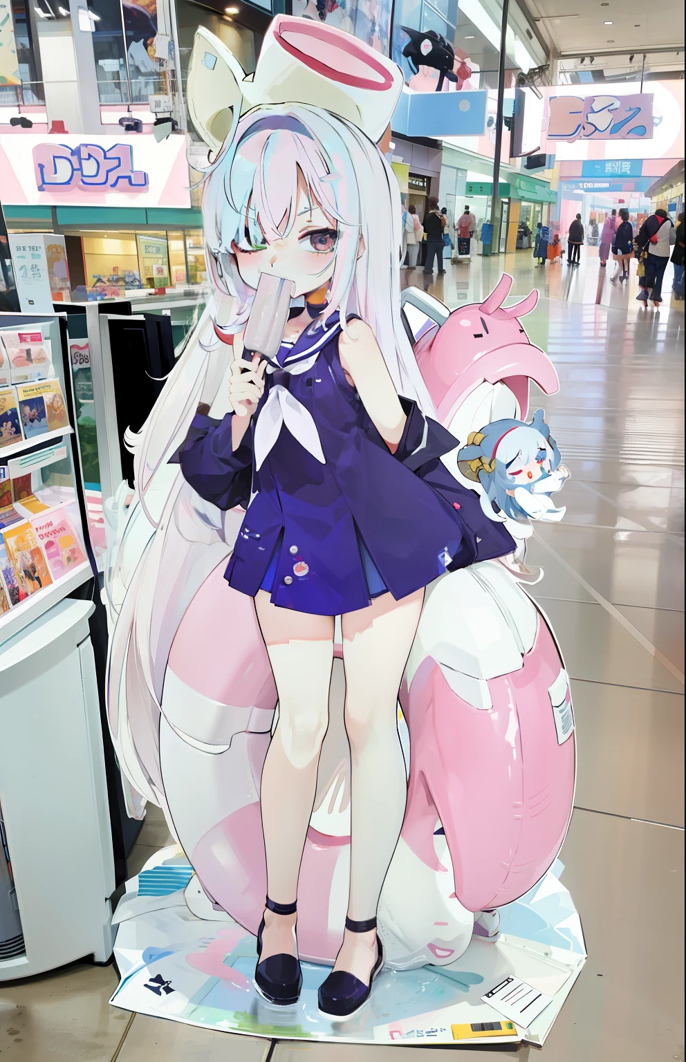Anime characters sign in in a mall with a woman in a sailor's suit, anime convention, anime vtuber full body model, Cardboard cutouts for tentacles, live2d virtual youtuber model, anime figure; Full-body art, small curvaceous loli, humanoid pink female squid girl, anime figure, concept art of comiket cosplay, anime pose, anime moe art style