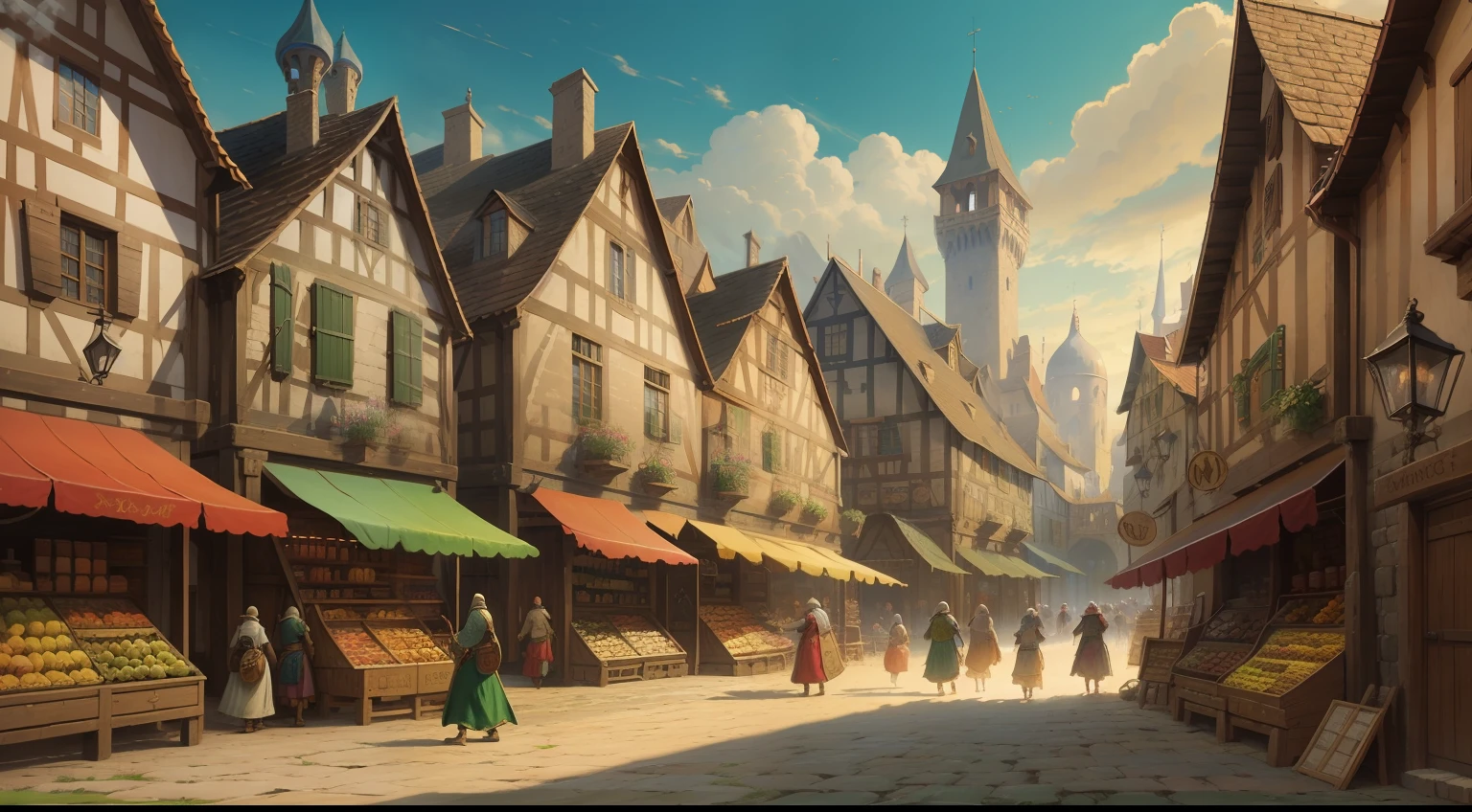 painting of a market with people walking around, medieval concept art, medieval fantasy game art, medieval fantasy art, medieval town, medieval city, medeival fantasy town, by Raphael Lacoste, fantasy and concept art, medieval village, style of raphael lacoste, marketplace, fantasy town setting, a bustling magical town, martin raphael lacoste