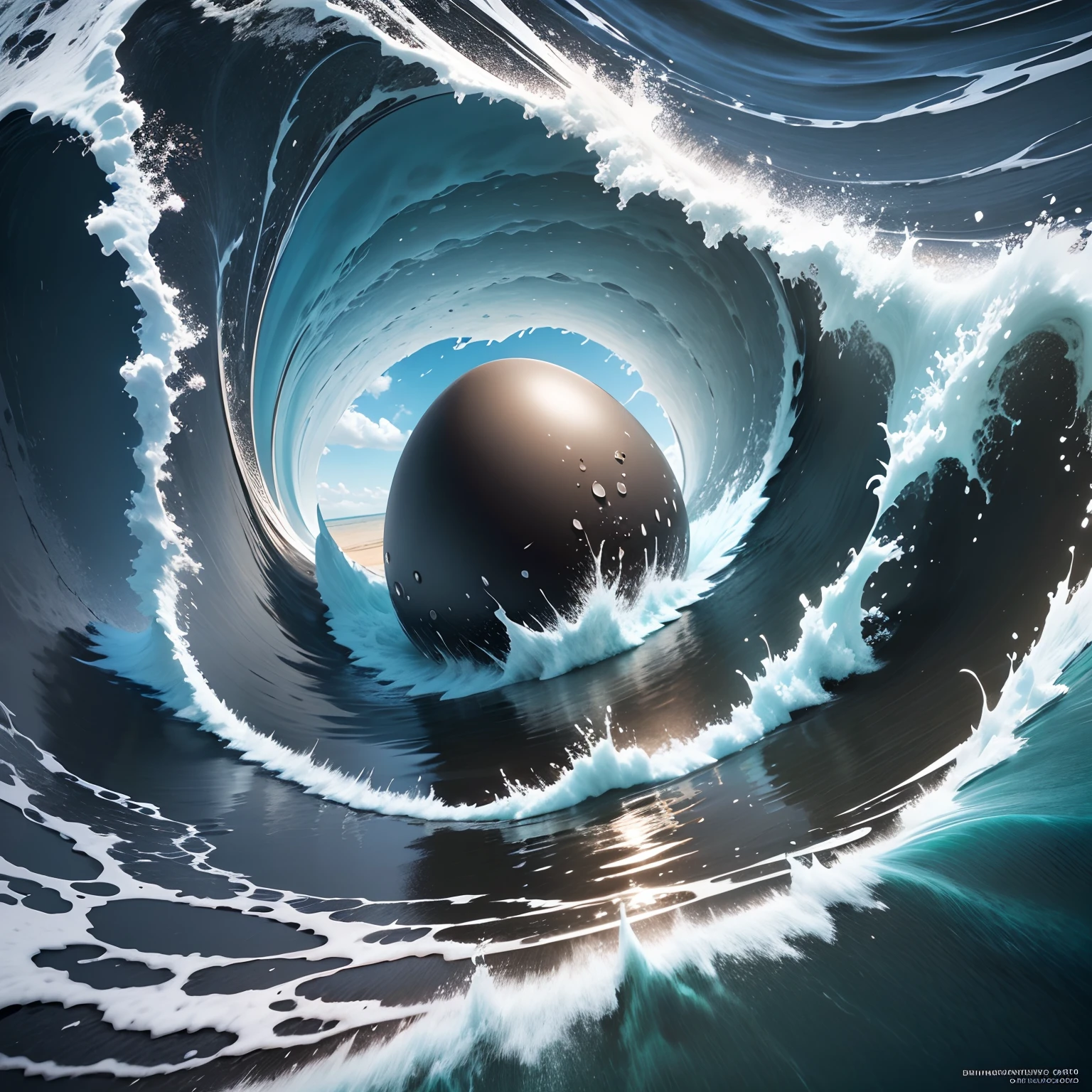 as a t-shirt logo in the style of art,A black egg sits on the wave in the ocean, Vray Caustics, 3d digital art 4k, Simulation of black liquid --auto --s2