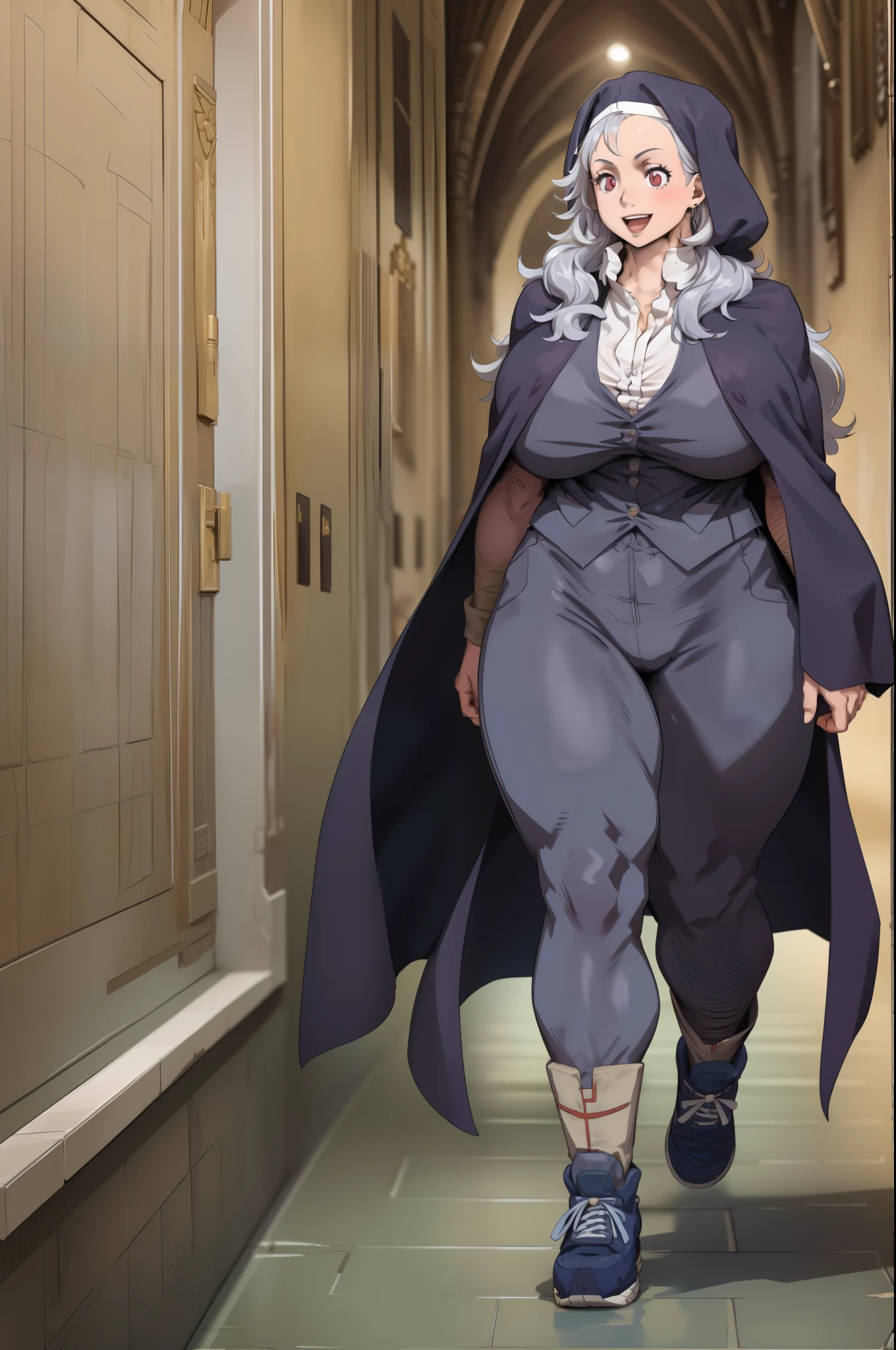noi, nun, big breast,white boots, pants,cloak, musclegirl, walking, smile, long hair, catedral, vest, portrait