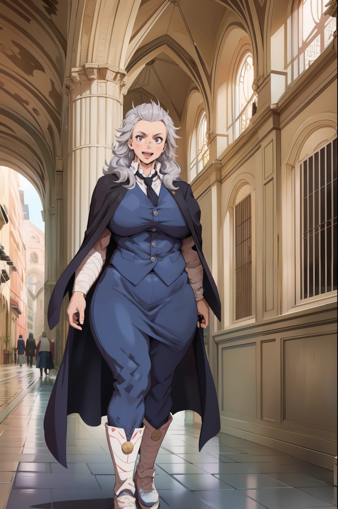 noi, nun, big breast,white boots, pants,cloak, musclegirl, walking, smile, long hair, catedral, vest, portrait