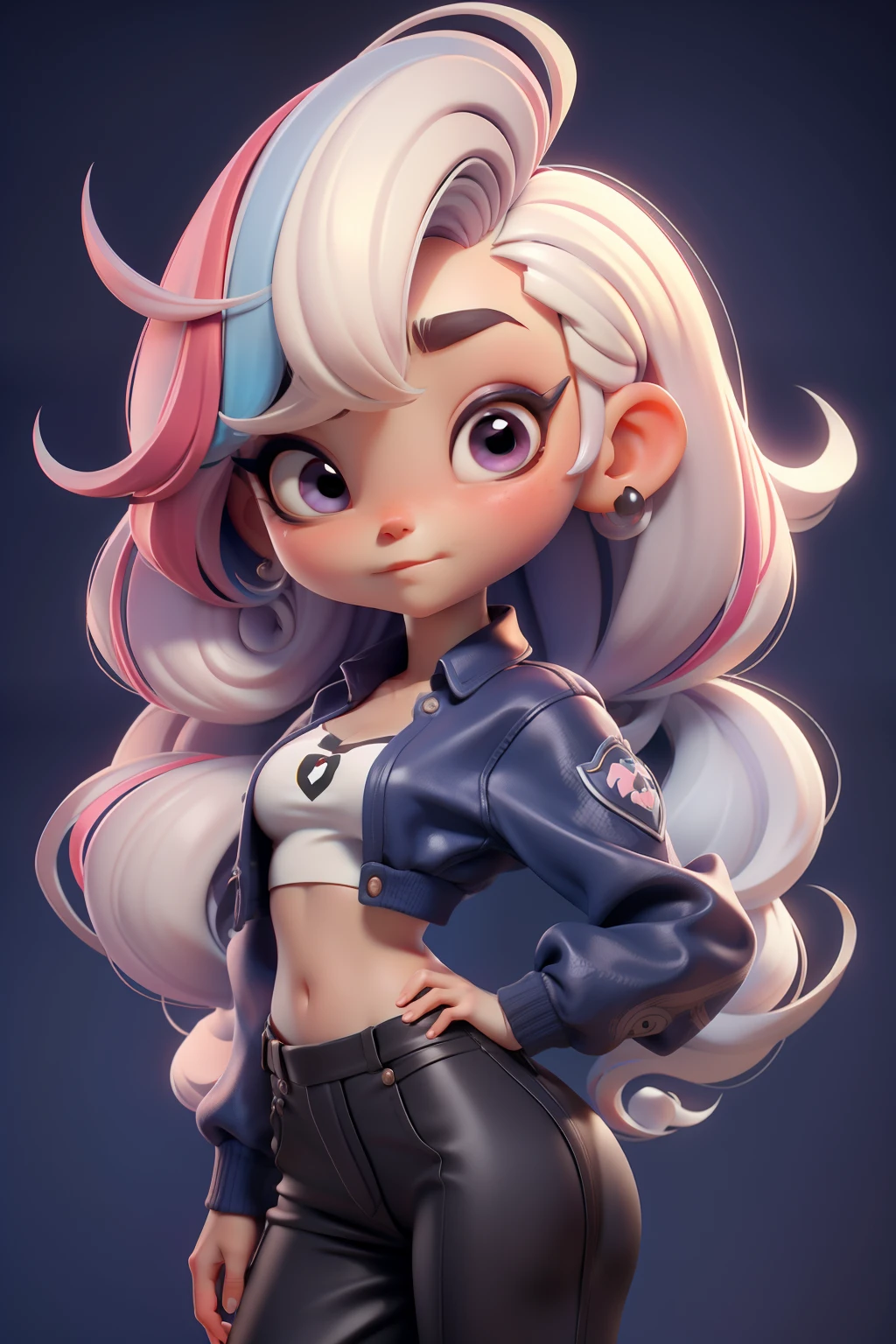 Personagem. De corpo inteiro, estilo chibi, rosto estilo 3D,  meiga e delicada, com cabelos longos coloridos
