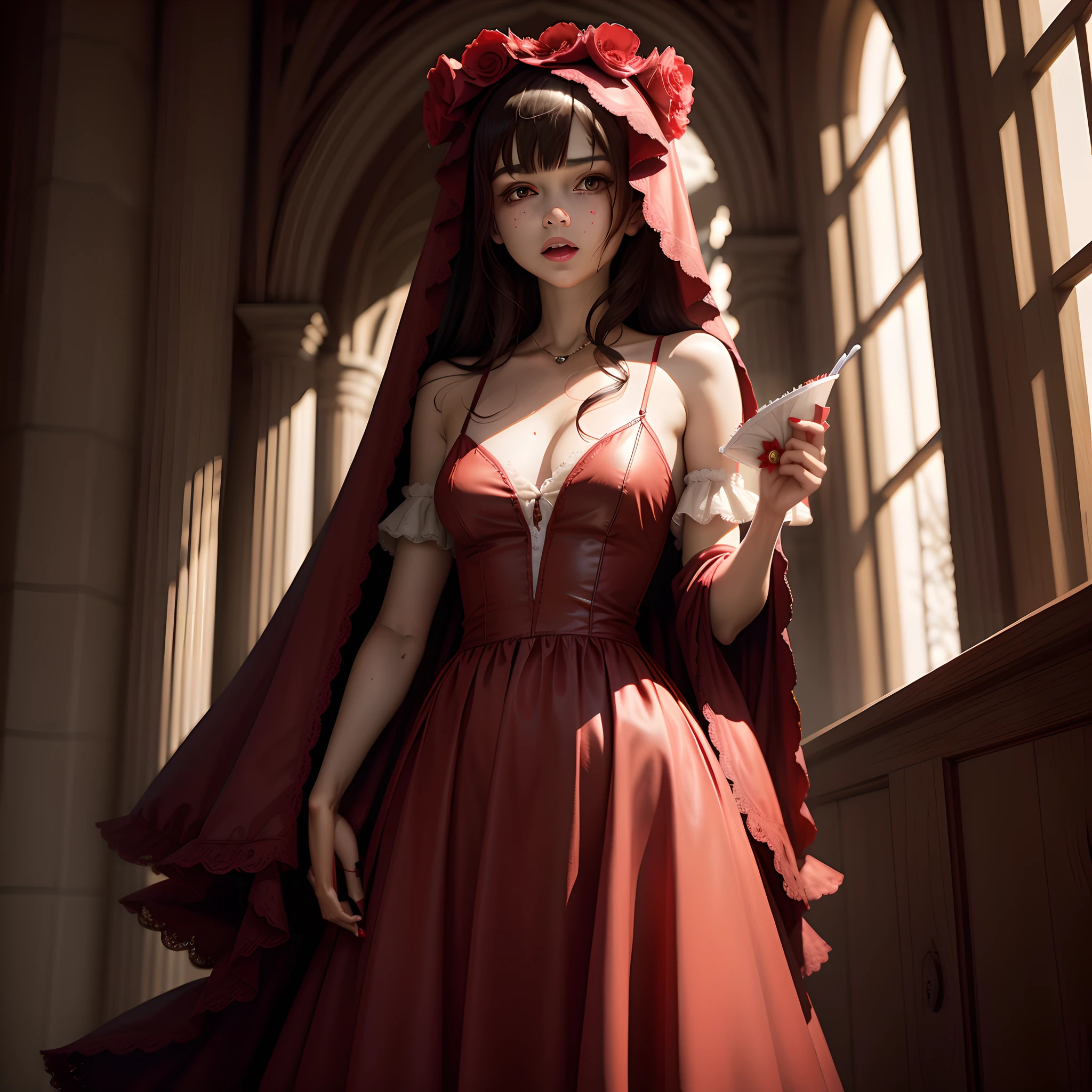There was a woman in a red dress holding a cell phone, tohsaka-rin, thief red riding hood, gothic maiden anime girl, dressed in a beautiful red cloak, red dress and magic witch hat, Anime girl cosplay, Loish et WLOP, Guviz-style artwork, inspired by Magali Villeneuve, gothic maiden, cosplay foto