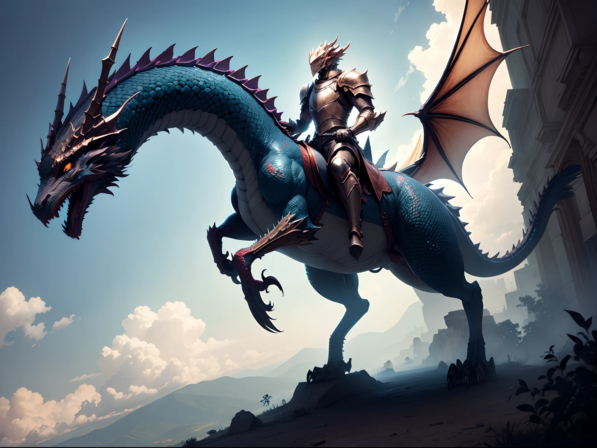 A dragon knight riding a dragon flying through the sky --auto
