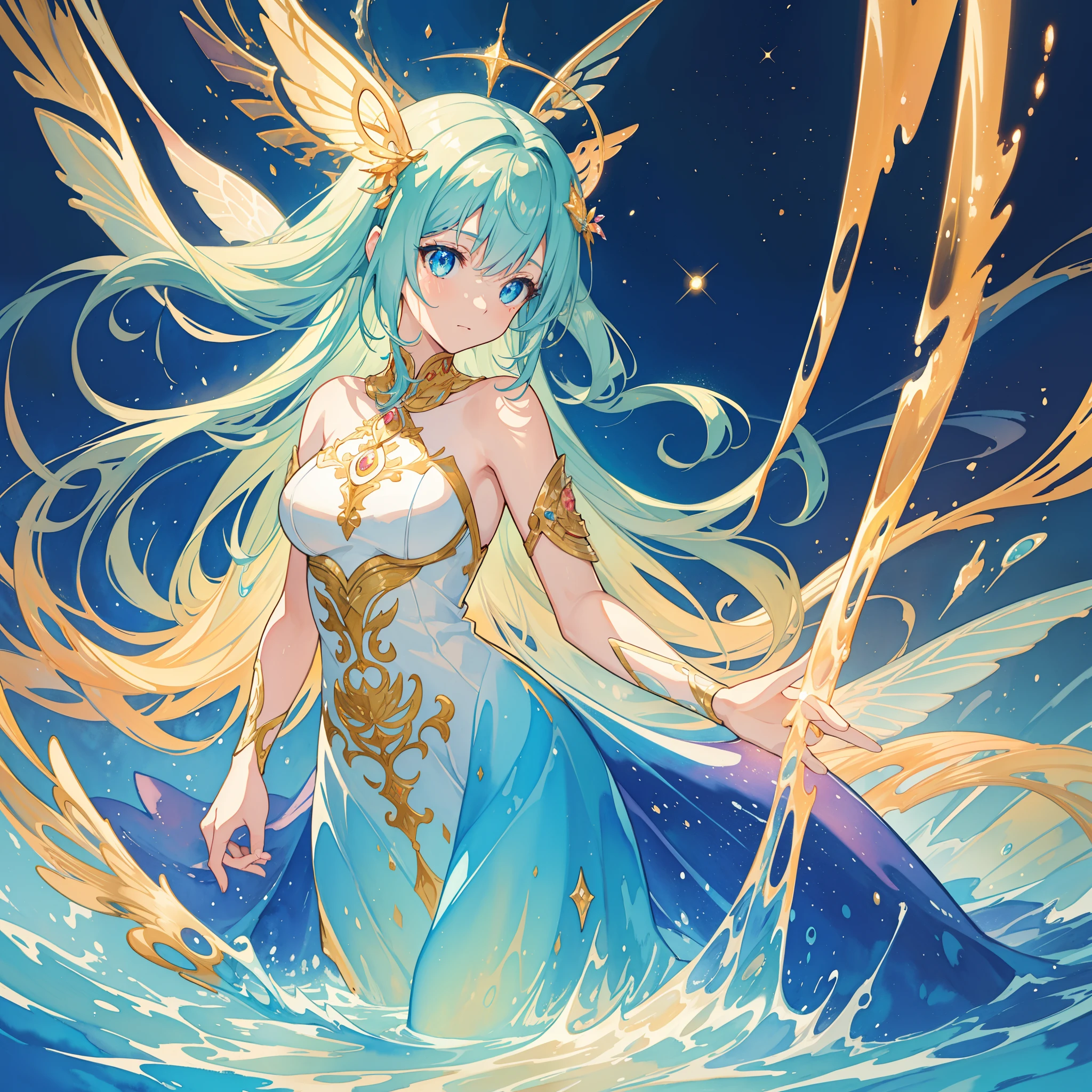 masterpiece, best quality, sharp focus, 8k, intricately detailed environment, anime, watercolor illustration, colorful, bright colors, whimsical, glowing lights, liquid otherworldly, fairy lights, beautiful girl in flowing liquid glowing dress, perfect face, golden ratio, sparkling eyes, watercolor, liquid light, angel wings