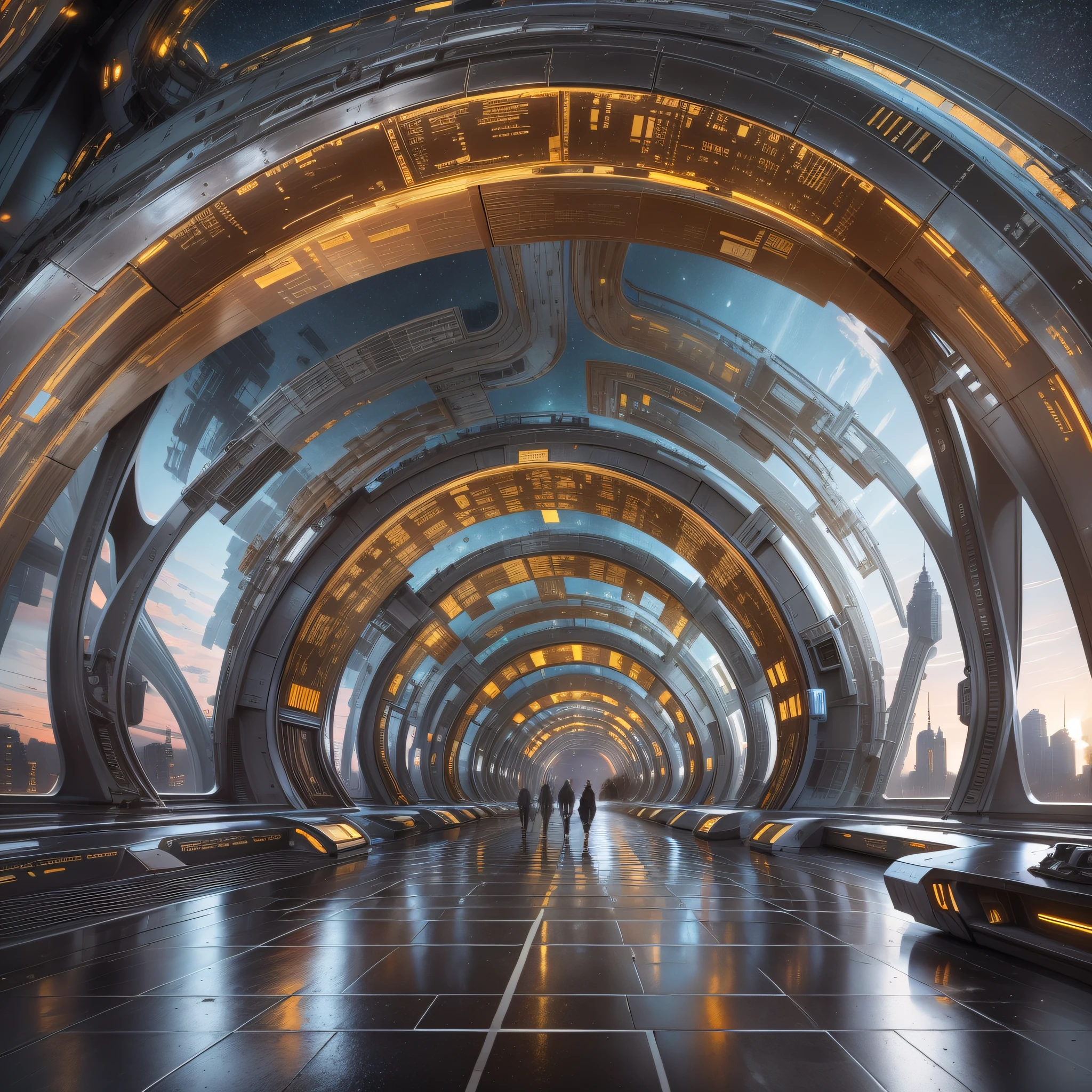en un planeta desconocido la tripulacion de una spacecraft, Stroll along its brilliant pavement observing the immense buildings of great technology and fantastic design with luminous arch colors and abundance of silver, oro y bronce en sus edificaciones.