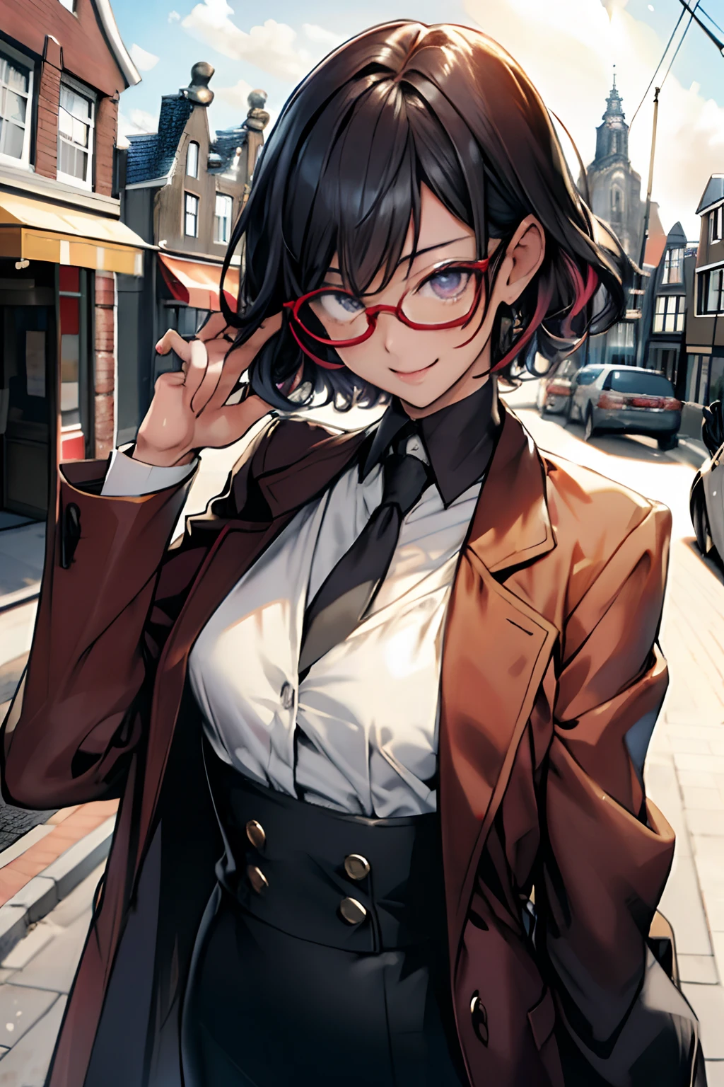 masterpiece、top-quality、(1人:1.3)、35 year old、a smile、short-hair、Color Chip、curlyhair、Color glasses、耳Nipple Ring、guns、neck tie、toppless、corsets、mafia style、Cuffed、wrap coat、street、From above、(holland angle、Fisheye)、lensflare、depth of fields