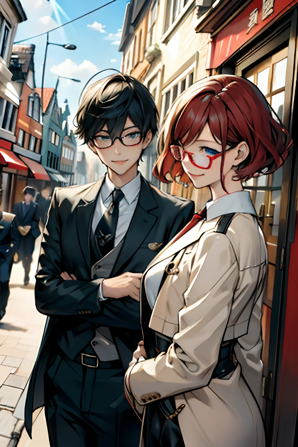 ​masterpiece、top-quality、(1人:1.3)、35 year old、a smile、short-hair、Color Chip、curlyhair、Color glasses、耳Nipple Ring、guns、neck tie、toppless、corsets、mafia style、Cuffed、wrap coat、street、From  above、(holland angle、Fisheye)、lensflare、depth of fields