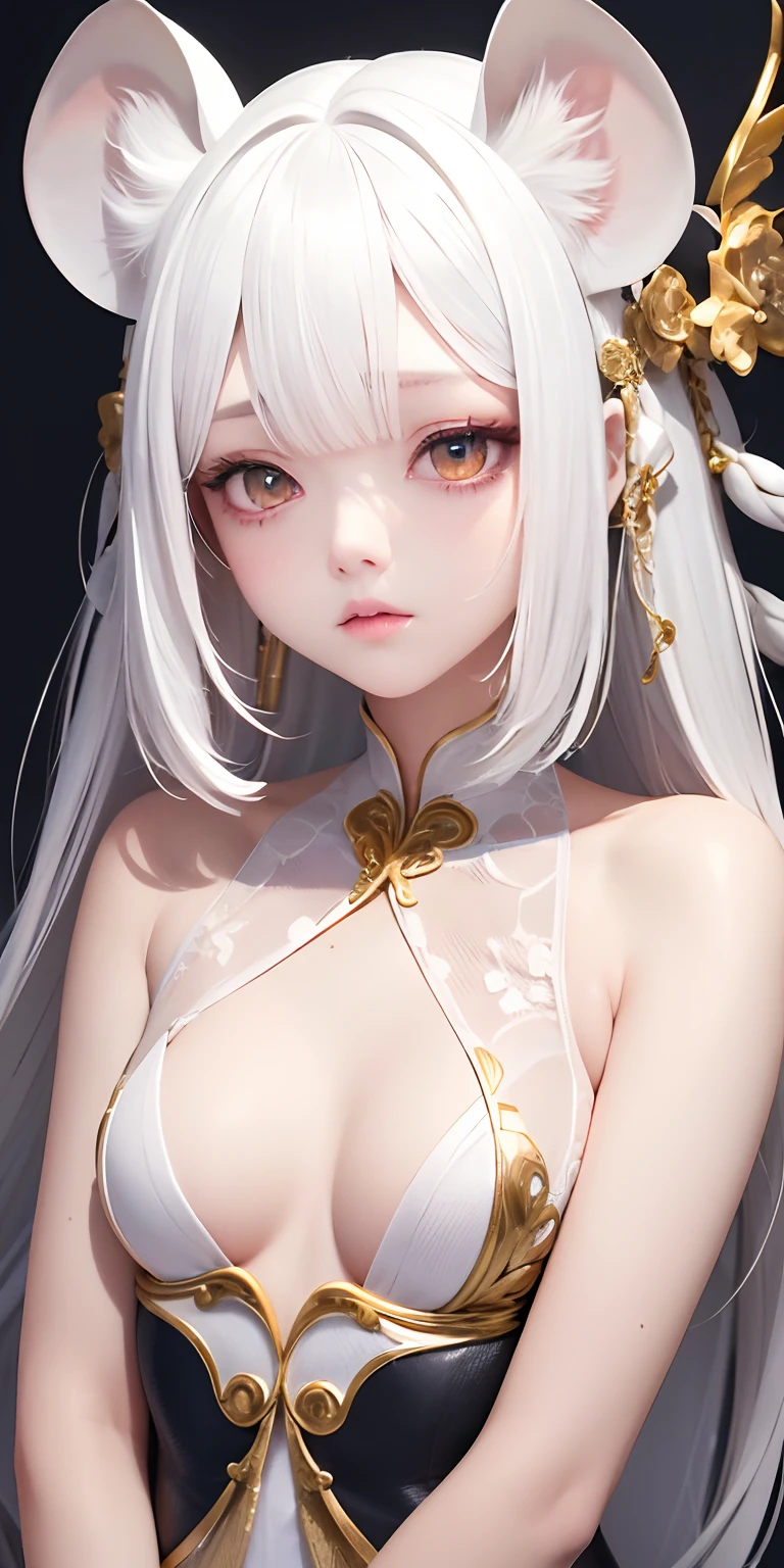 top-quality、masterpiece、white hair、Gold Eye、white clothes、Mouse ears、look up to、The upper part of the body、Hair strands、light skinned、Side braid