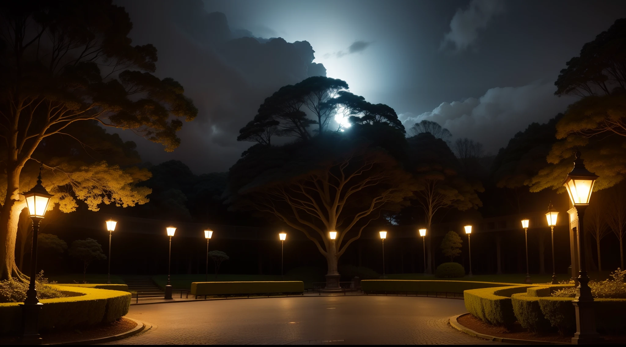 it's at night, parque, arvores, gramado, cena escura, terror, amedrontador, has no light from any source, parque sem luz, It has no lamps, apenas luz da lua