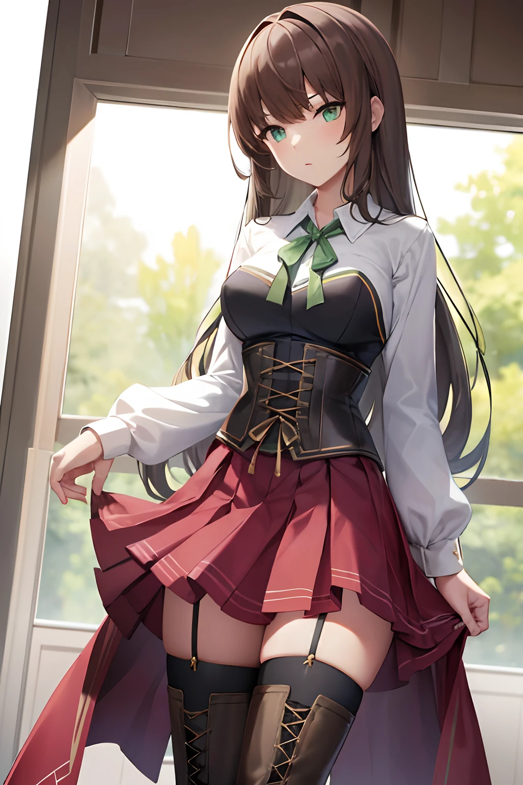 duvaliecsiv, 1girl, solo, hair down, long hair, long sleeves, white shirt, corset,  green ribbon, school uniform, collared shirt, red skirt, pleated skirt, boots, thighhighs, thigh boots, zettai ryouiki, cross-laced footwear,