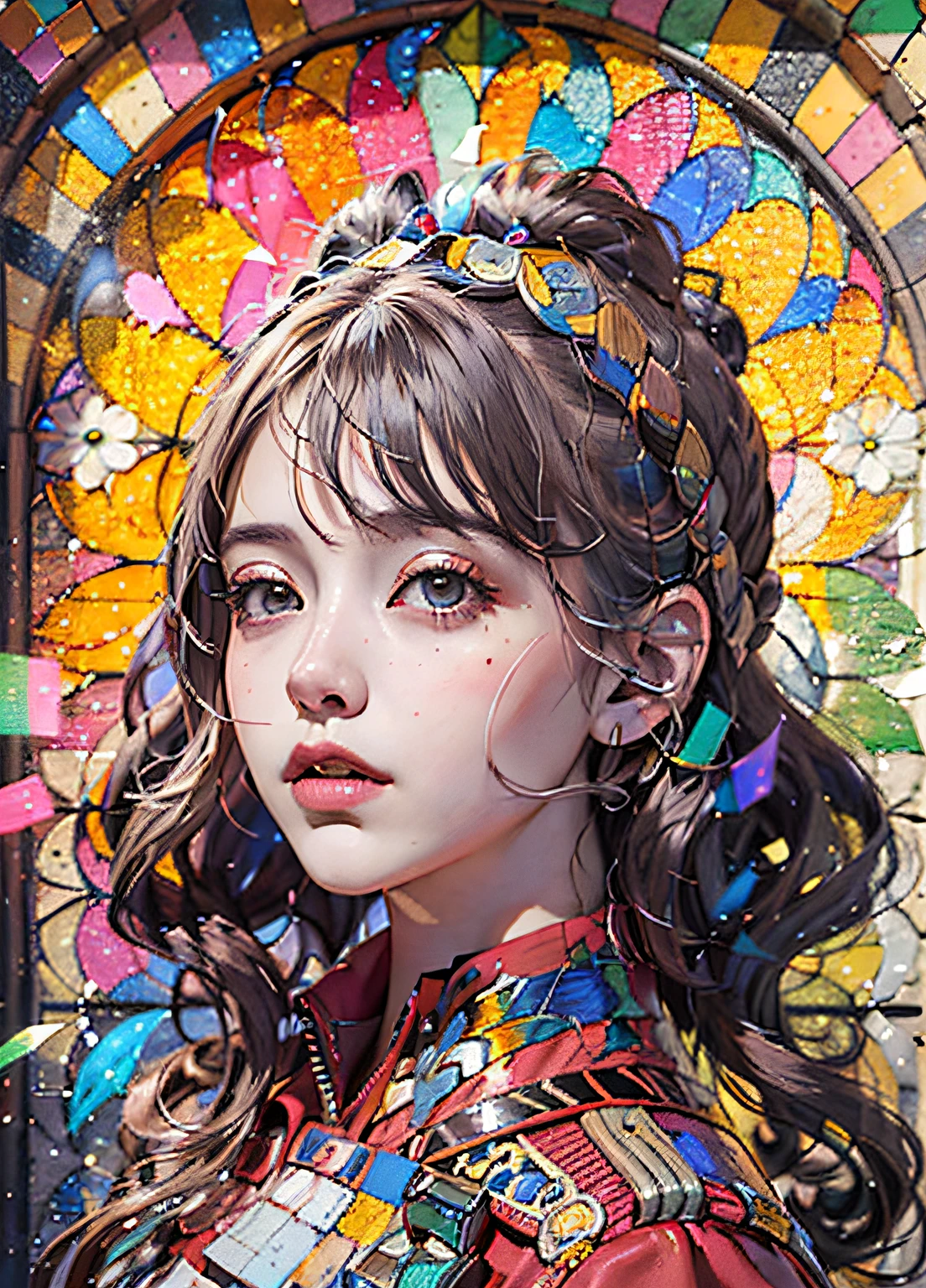 Arte de salpicaduras, Vidrieras Arte de la Diosa, Mascarada de cristal, Arte de vidrieras de mosaico, Stained glass illustration, cerrar, Dynamic Angle, Arte conceptual, (La mejor calidad, Obra maestra, Ultra detallado, centrado, Extremely fine and aesthetically beautiful, super fine illustration), centrado, epic composition, epic proportions, intrincado, Arte fractal, Zentangle, hipermaximalismo,