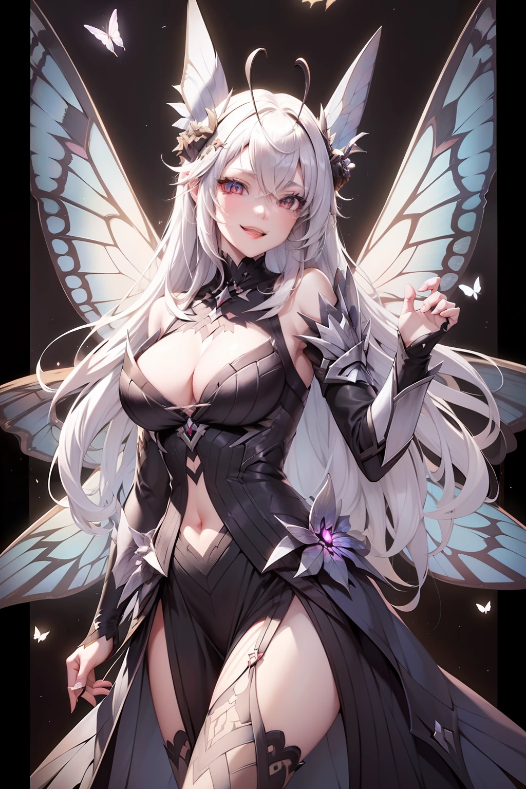 (Ashenhardt style:1.4), Masterpiece, Best quality, High quality, one girl, moth girl, crazy smile, visible canine, big black moth wings, Psychedelic, hight resolution, hightly detailed, ray tracing, butterfly antenna, white hair