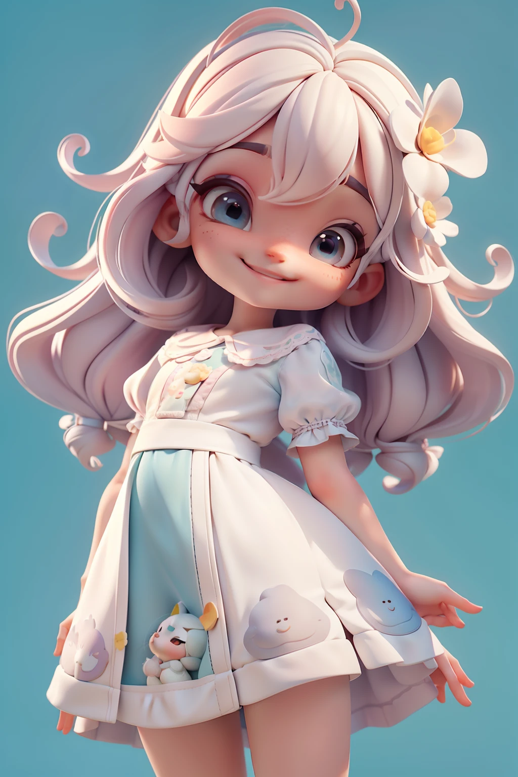 Menina,sorriso meigo e delicado,vestida com uma jardineira, corpo inteiro,pele clara e olhos claros,cartoon 3D com blusa delicada,, casaco peludinha, cabelos castanhos, fundo simples e branco
