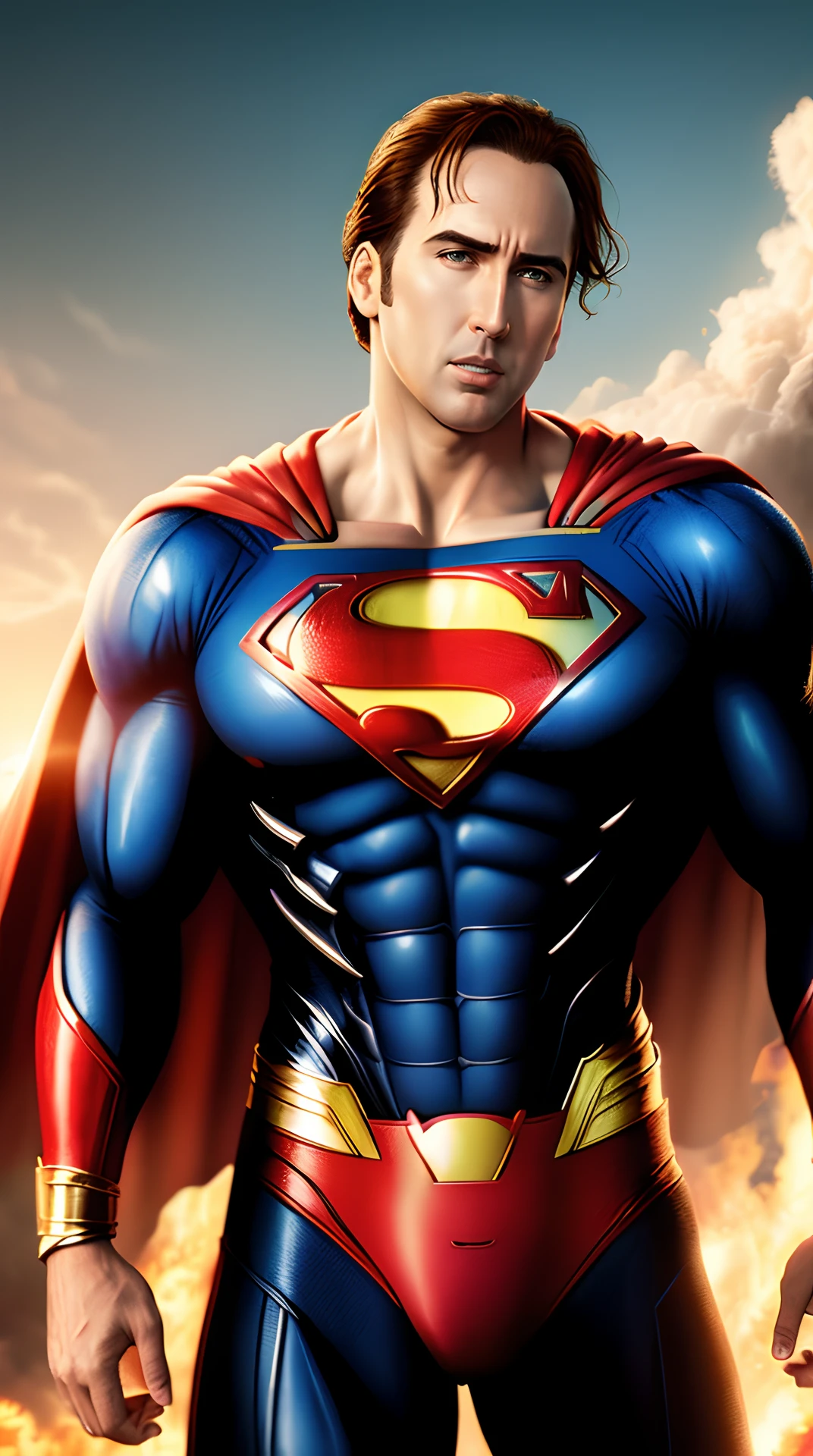 Superman, Nicholas Cage, long cape, in the sky, highly detailed, cinematic, surrealistic, HD