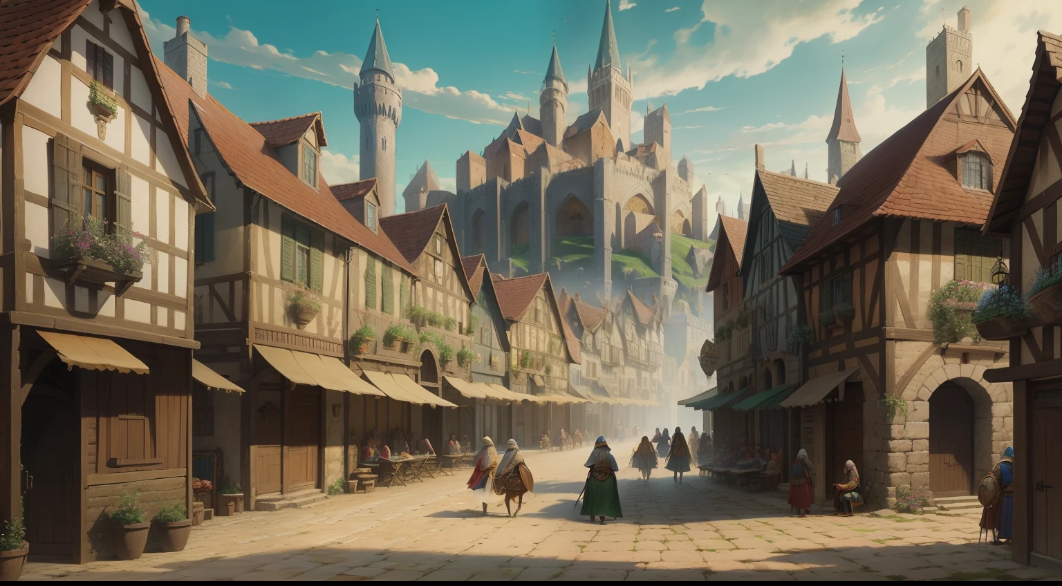 painting of a main place of town with people walking around, medieval concept art, medieval fantasy game art, medieval fantasy art, medieval town, medieval city, medeival fantasy town, by Raphael Lacoste, fantasy and concept art, medieval village, style of raphael lacoste, marketplace, fantasy town setting, a bustling magical town, martin raphael lacoste