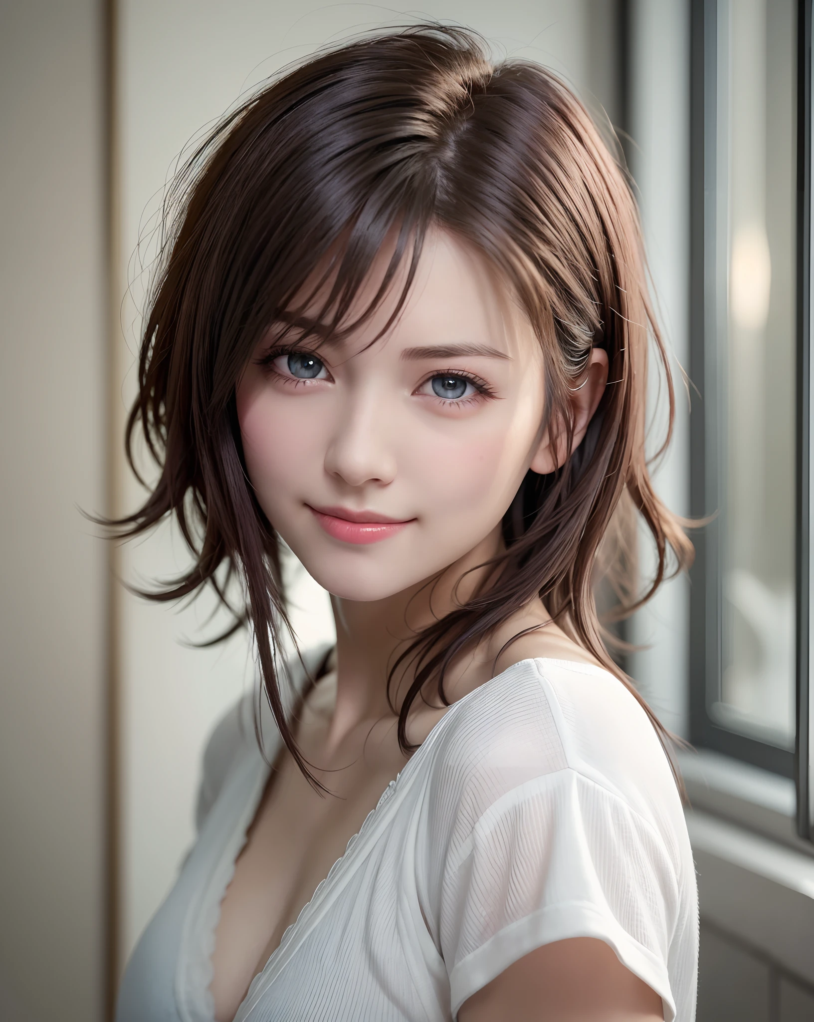 Best Quality, Ultra High Resolution, (Photorealistic: 1.4), Beautiful Eyes, Super Beautiful, Very Short Hair, Beautiful, Sweetheart, T-shirt with Rough Chest, Beautiful Soldier, Eyes That Invite Viewer, Lover's Perspective, Inviting Expression, Sexy Smile, Perfect Style, Perfect Balance, Detailed Skin, Naughty Gaze, Chest Visible
