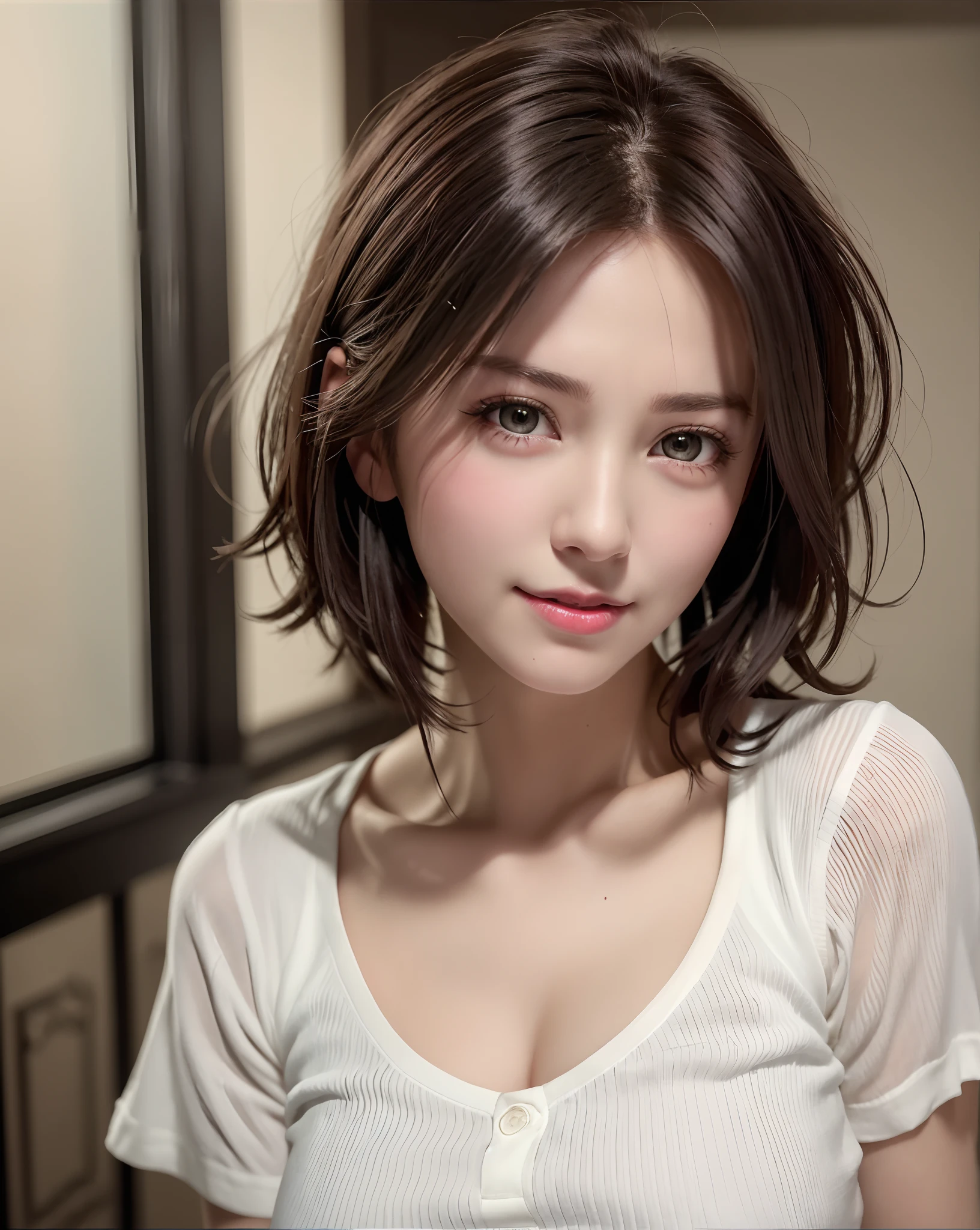 Best Quality, Ultra High Resolution, (Photorealistic: 1.4), Beautiful Eyes, Super Beautiful, Very Short Hair, Beautiful, Sweetheart, T-shirt with Rough Chest, Beautiful Soldier, Eyes That Invite Viewer, Lover's Perspective, Inviting Expression, Sexy Smile, Perfect Style, Perfect Balance, Detailed Skin, Naughty Gaze, Chest Visible