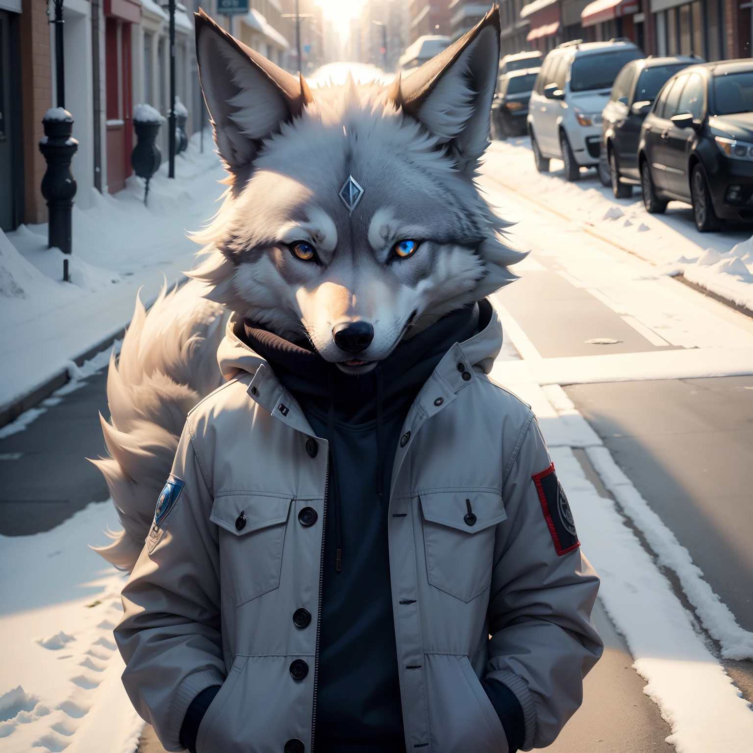 A wolf with blue eyes winter street upper body hands in pockets with sunshine street
