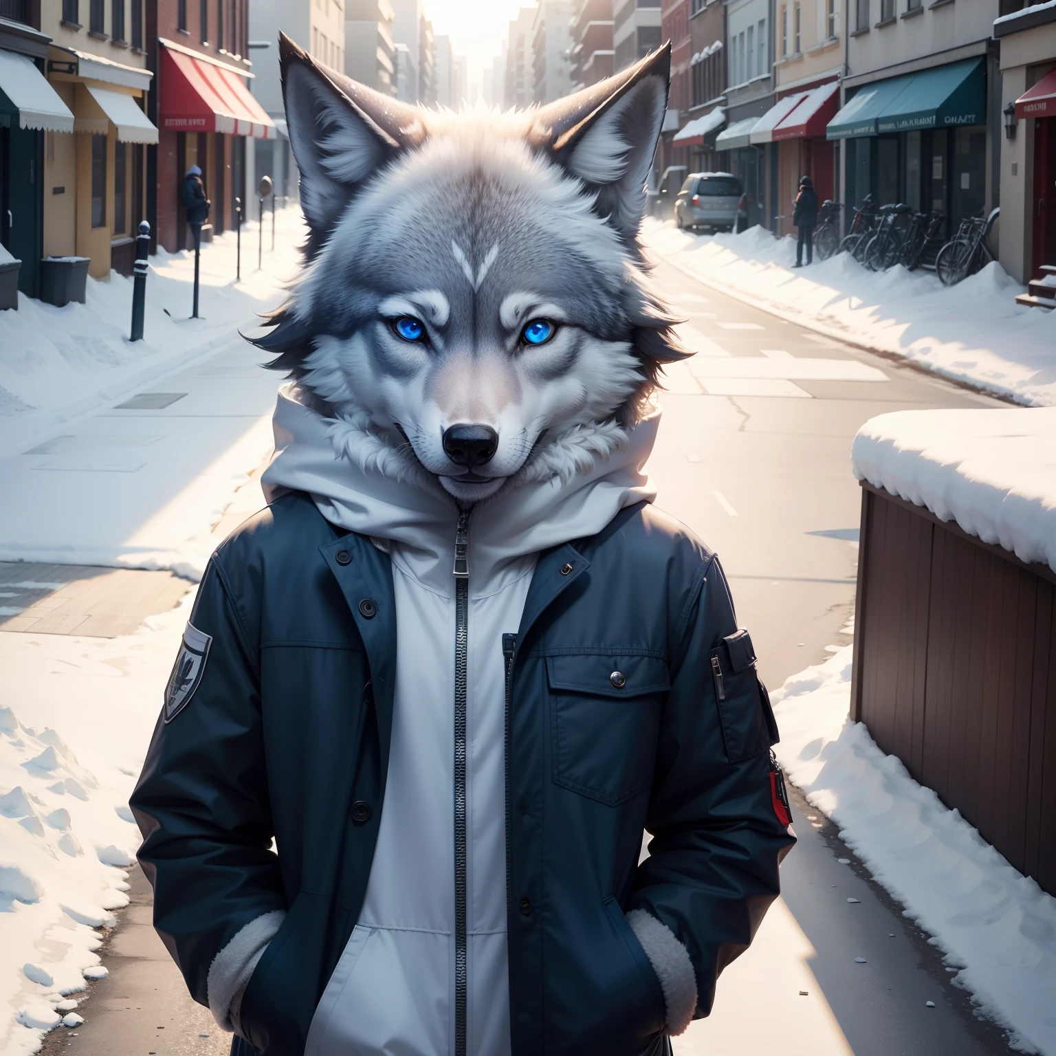 A wolf with blue eyes winter street upper body hands in pockets with sunshine street