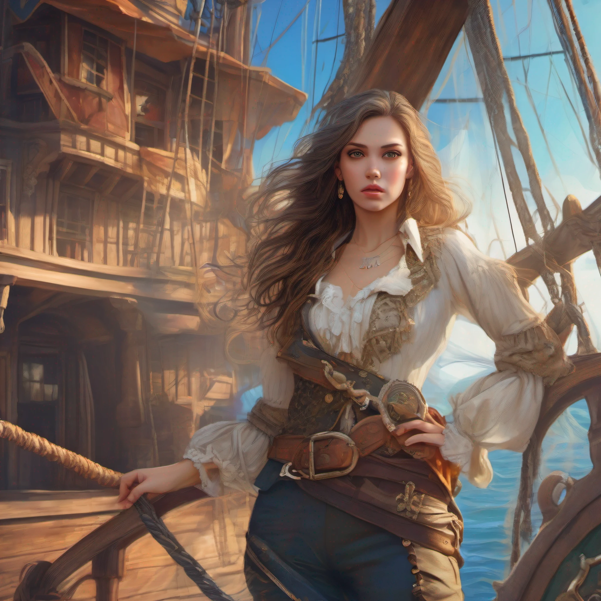 The trait of the whole body of a beautiful woman, (On board a pirate ship:1.50), intense coloration fantasy,
hair light, Stunning realistic photography, random colored hair, random color eyes, full - body,
cover, hyper detailed painting, luminism, Octane Render, Sunlight filtration, Complex,
fractal isometric details, Perfect symmetrical eyes, Gorgeous face, Hyper-eallistic cover photo
Stunning full-color, hand-drawn, Bright, gritty, True-to-life color scheme, Cinematic,
Rough sketch, mix of bold dark lines and loose lines, bold lines, on paper, Concept art portrait of Martina Fáčková in 8k resolution, Privinco Art, artgerm, WLOP, Alphonse Mucha, Tony Taka