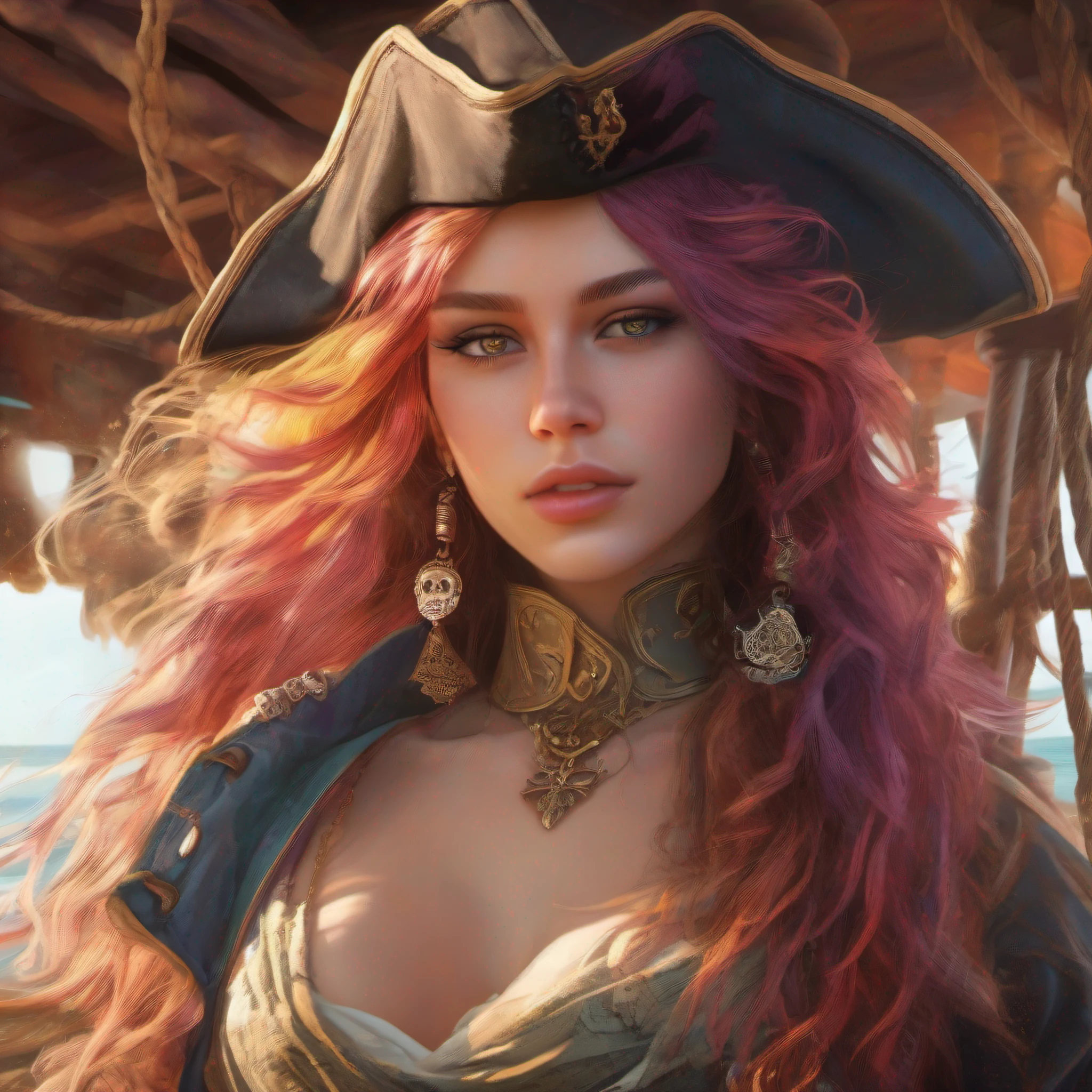 The trait of the whole body of a beautiful woman, (On board a pirate ship:1.50), intense coloration fantasy,
hair light, Stunning realistic photography, random colored hair, random color eyes, full - body,
cover, hyper detailed painting, luminism, Octane Render, Sunlight filtration, Complex,
fractal isometric details, Perfect symmetrical eyes, Gorgeous face, Hyper-eallistic cover photo
Stunning full-color, hand-drawn, Bright, gritty, True-to-life color scheme, Cinematic,
Rough sketch, mix of bold dark lines and loose lines, bold lines, on paper, Concept art portrait of Martina Fáčková in 8k resolution, Privinco Art, artgerm, WLOP, Alphonse Mucha, Tony Taka