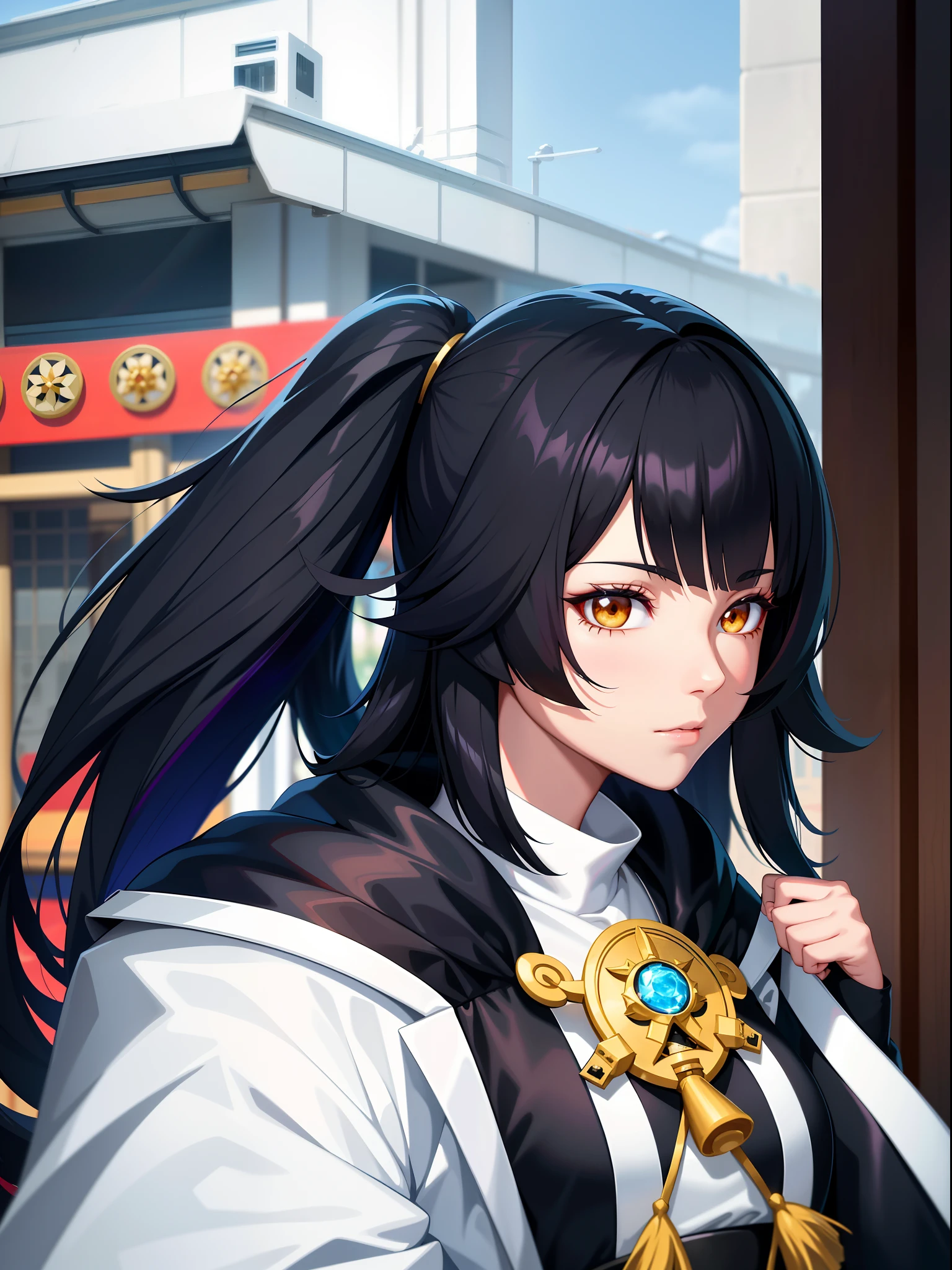 anime girl with long black hair and a white jacket, black hime cut hair, keqing from genshin impact, white hime cut hairstyle, profile of anime girl, zhongli from genshin impact, the hime cut, ayaka genshin impact, heise jinyao, shikamimi, nezuko, nezuko-chan, onmyoji portrait