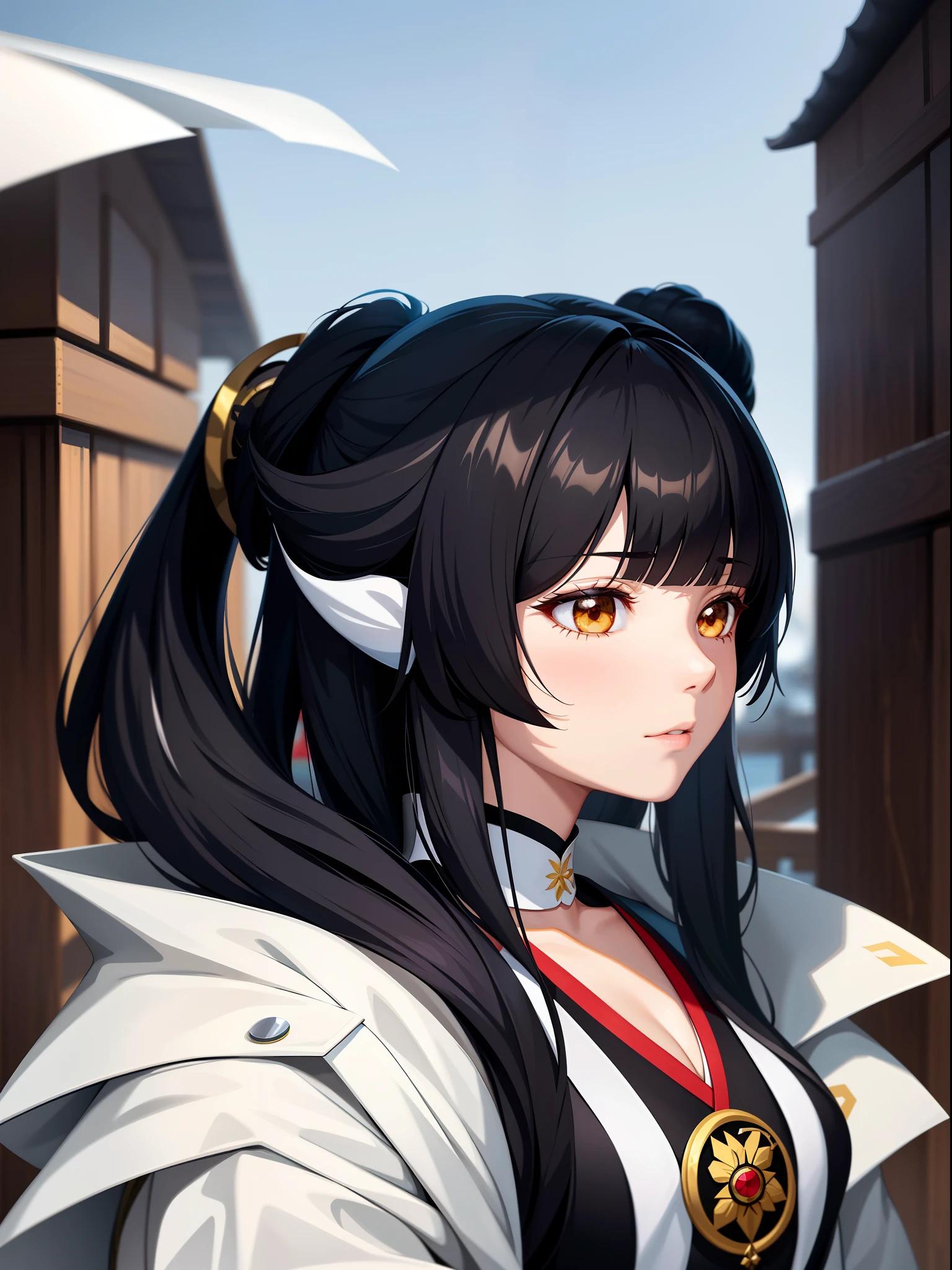 anime girl with long black hair and a white jacket, black hime cut hair, keqing from genshin impact, white hime cut hairstyle, profile of anime girl, zhongli from genshin impact, the hime cut, ayaka genshin impact, heise jinyao, shikamimi, nezuko, nezuko-chan, onmyoji portrait