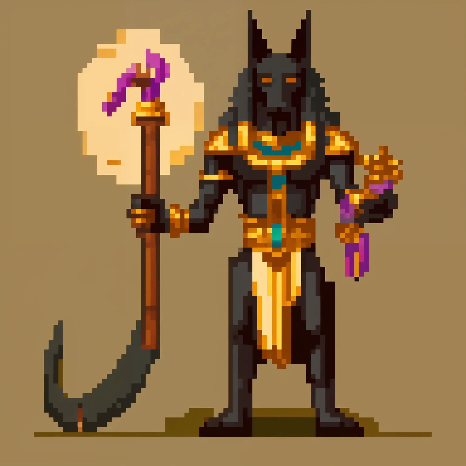 create a pixel art character of Anubis with an Egyptian sickle and ancient version