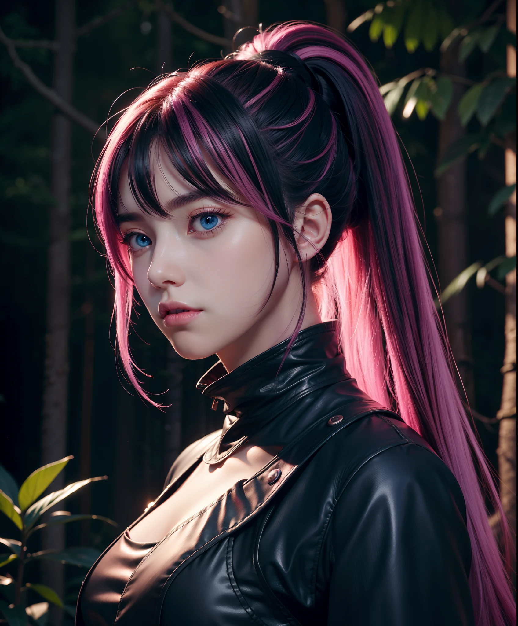 highres, masterpiece, perfect lighting, bloom, night, dark, cinematic lighting, adult, female, looking at viewer, upper body, forest, vivid blue eyes, bangs, black hair:pink hair, long flowing hair, ponytail, expressionless, net