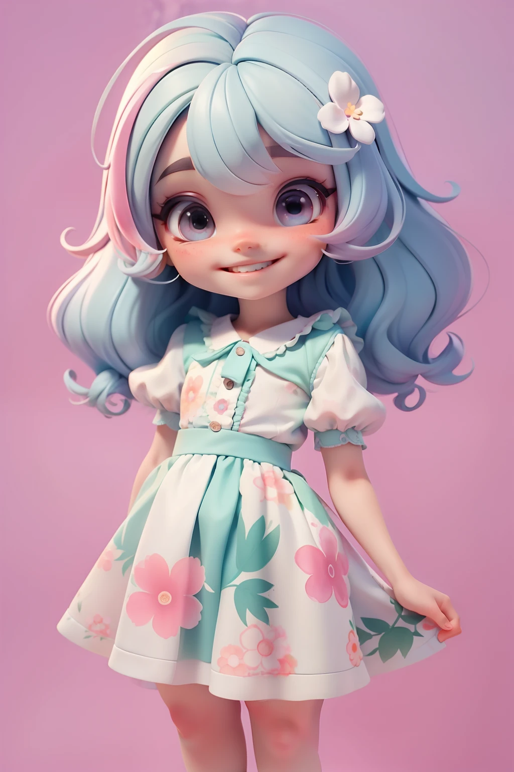 meniupa floral em aquarela , menina meihos delicados, cabelo multicolorido, sorriso delicado, fundo simples e branco