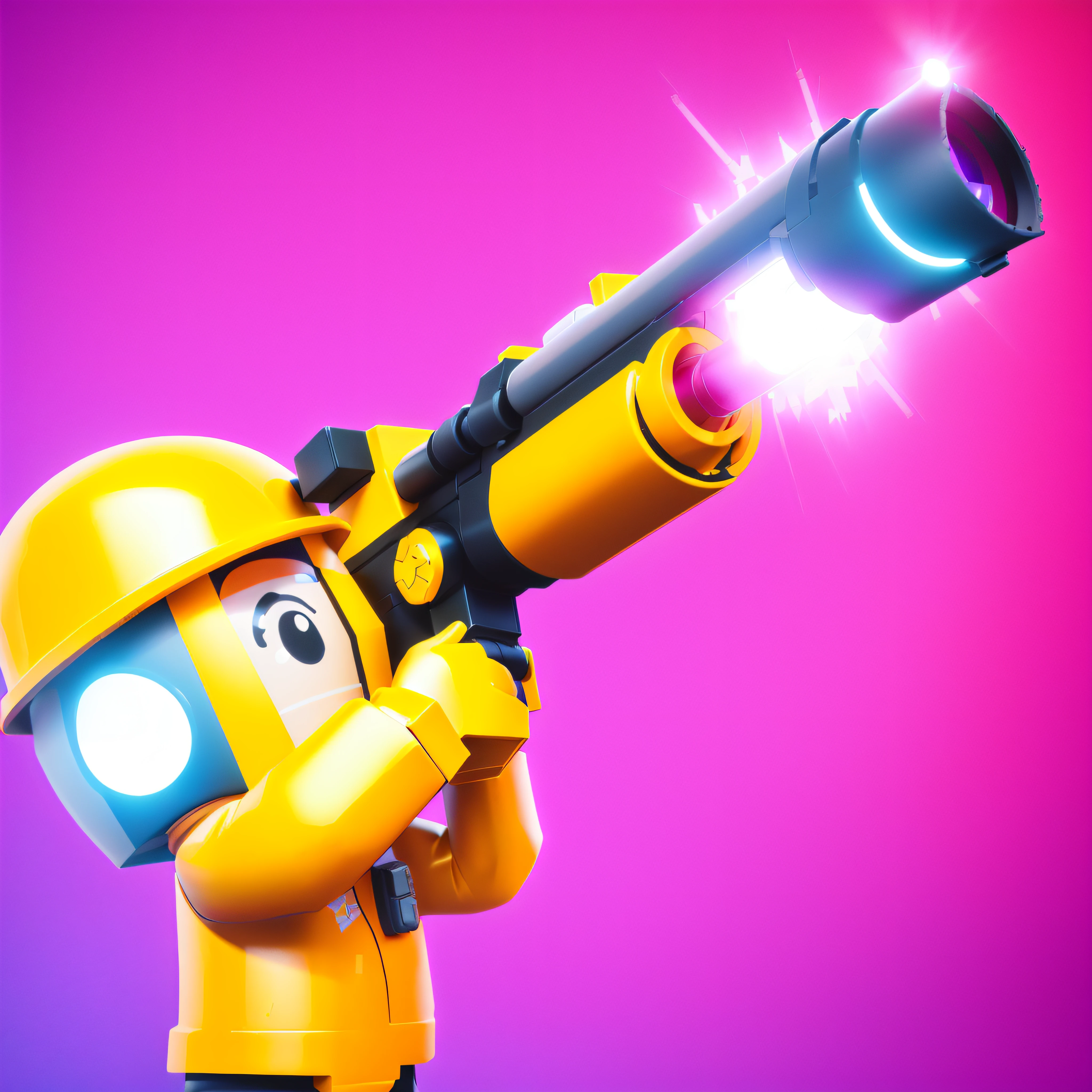 Homem de Lego com uma arma e capacete segurando uma lanterna, 3D Icon for mobile game, laser cannon, Foguetes, blaster fogo brilhante como neon, holding a rocket launcher, epic scope, foguete super legal, 3D estilizado, neon operator, lente pesada flare, Estrelas da briga, bonito 3 d render, Minipistola, toon boom render, next gen